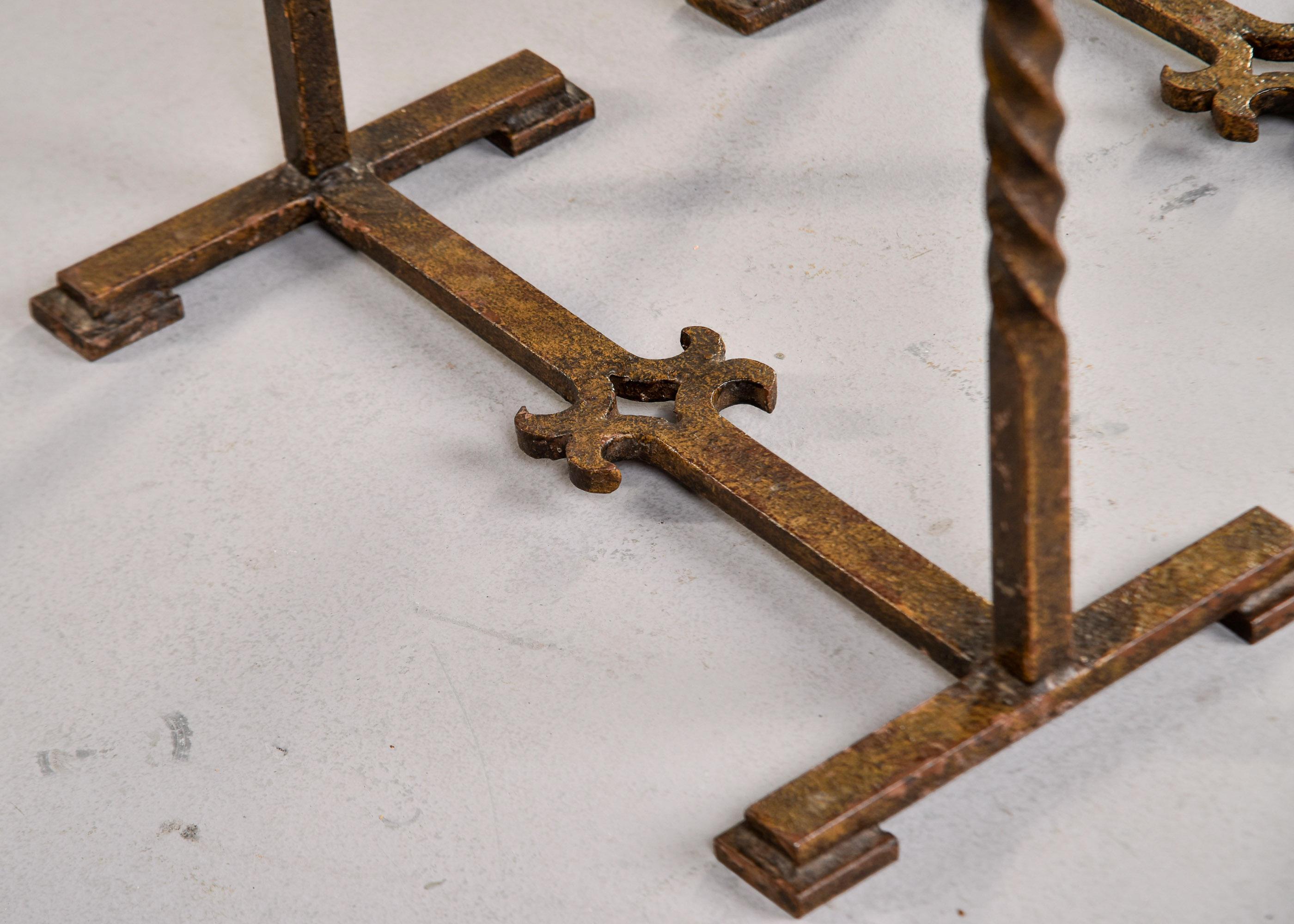 Pair Rectangular Oak Side Tables on Forged Iron Bases For Sale 4