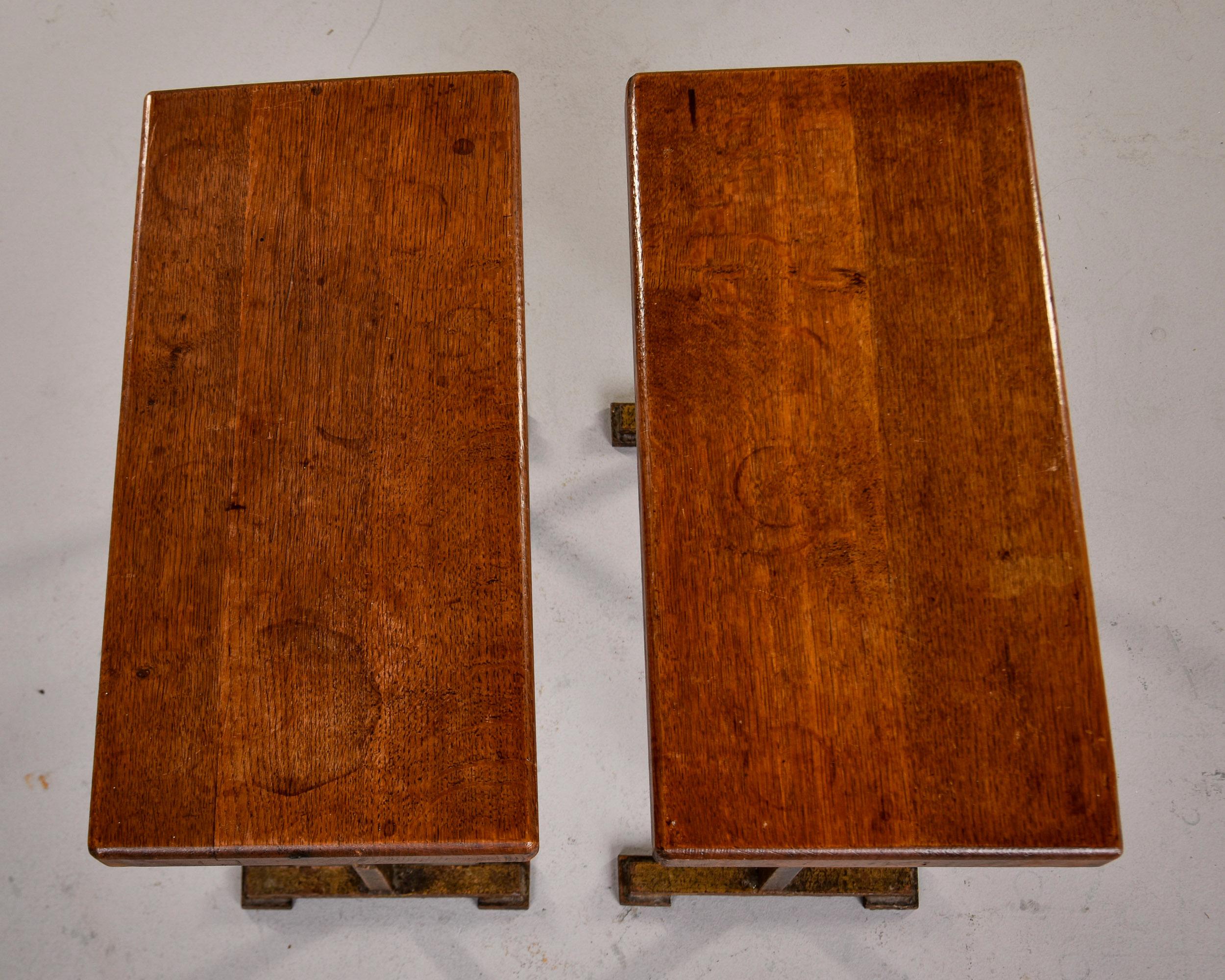 Pair Rectangular Oak Side Tables on Forged Iron Bases For Sale 5