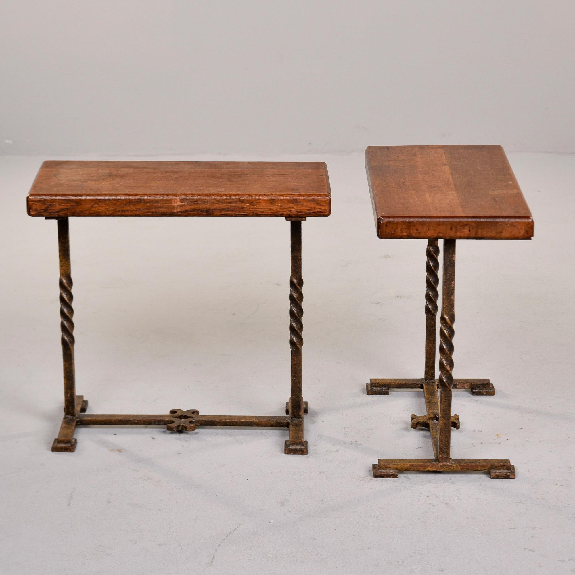 Pair Rectangular Oak Side Tables on Forged Iron Bases For Sale 6