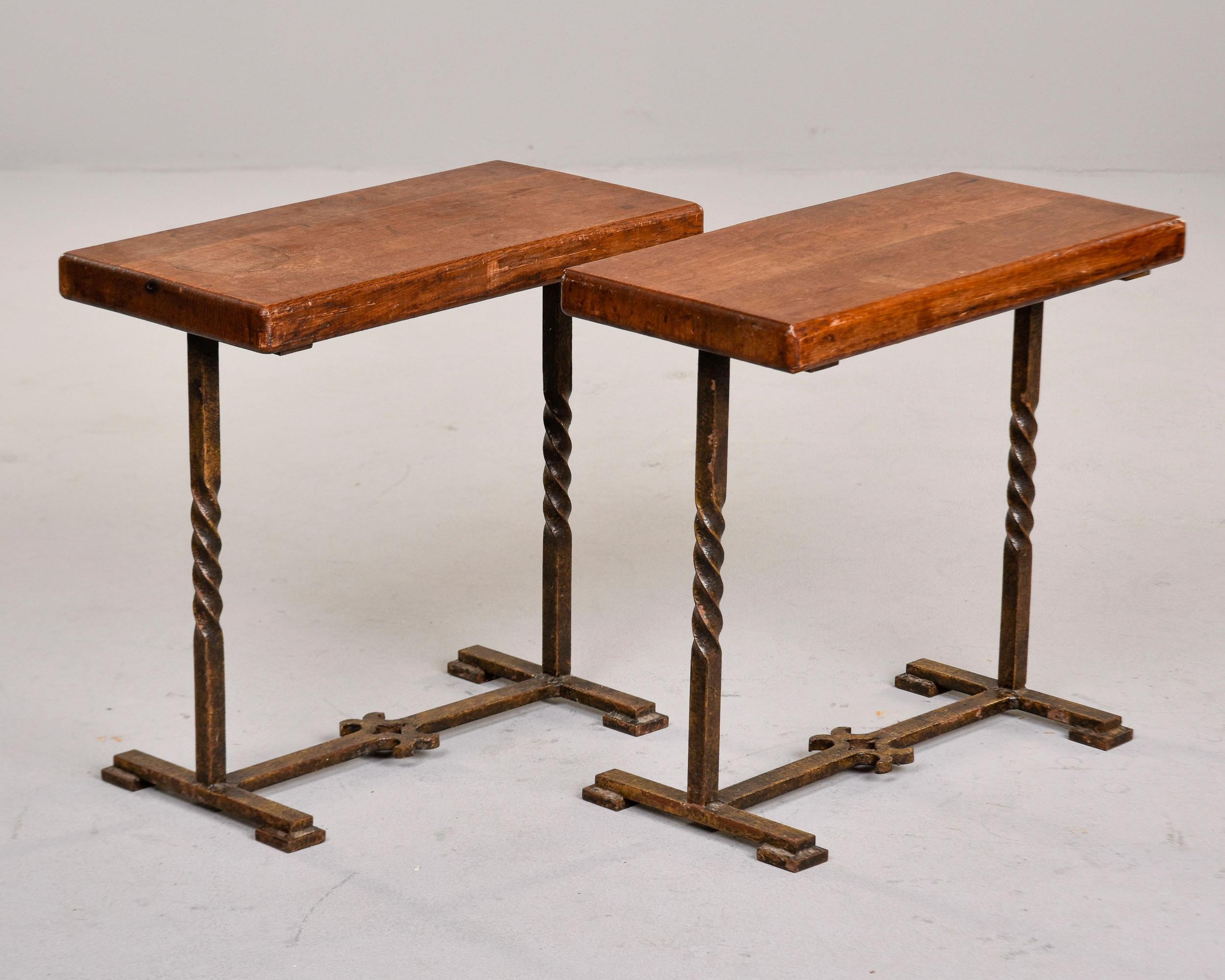 Spanish Pair Rectangular Oak Side Tables on Forged Iron Bases For Sale