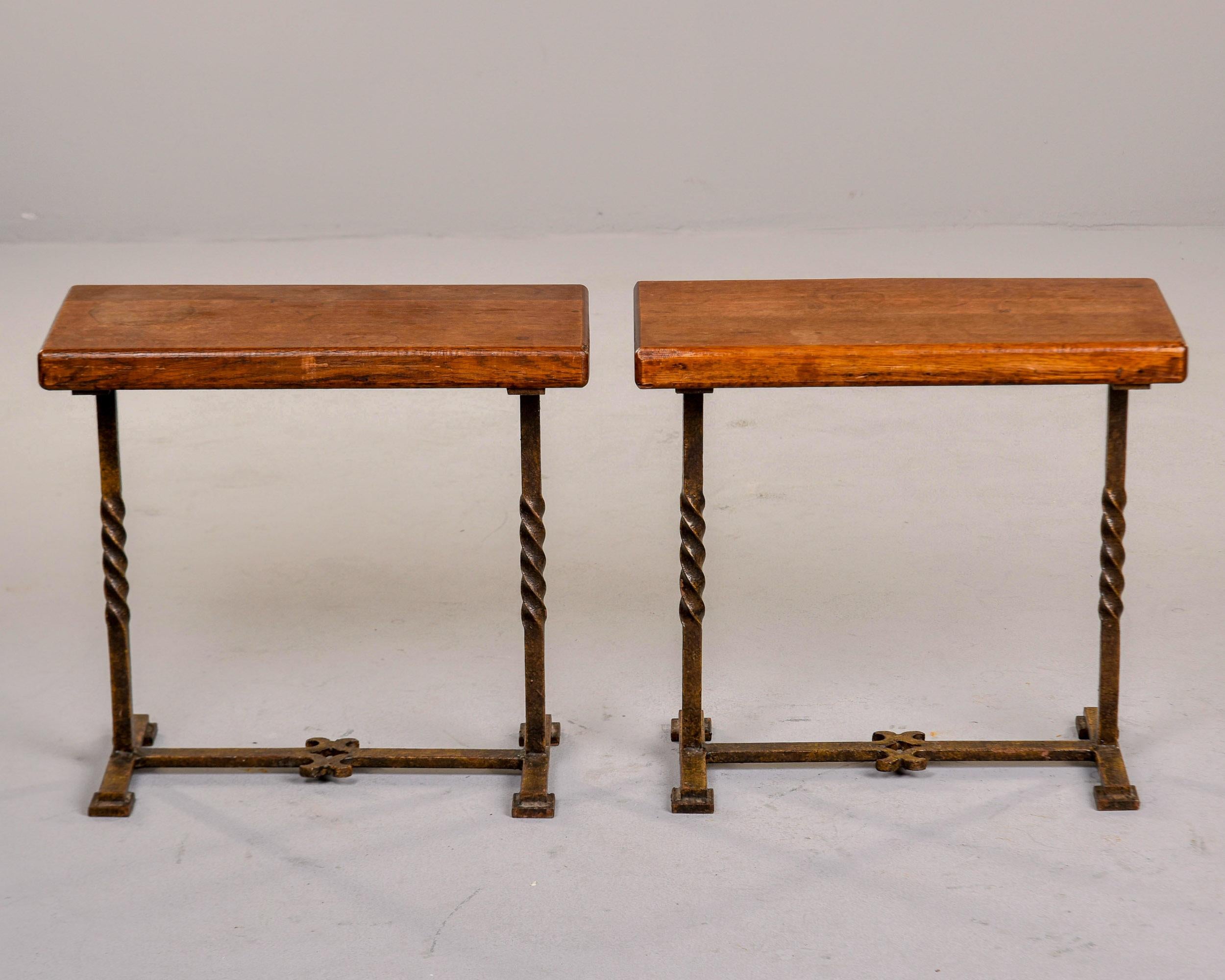 Pair Rectangular Oak Side Tables on Forged Iron Bases In Good Condition For Sale In Troy, MI
