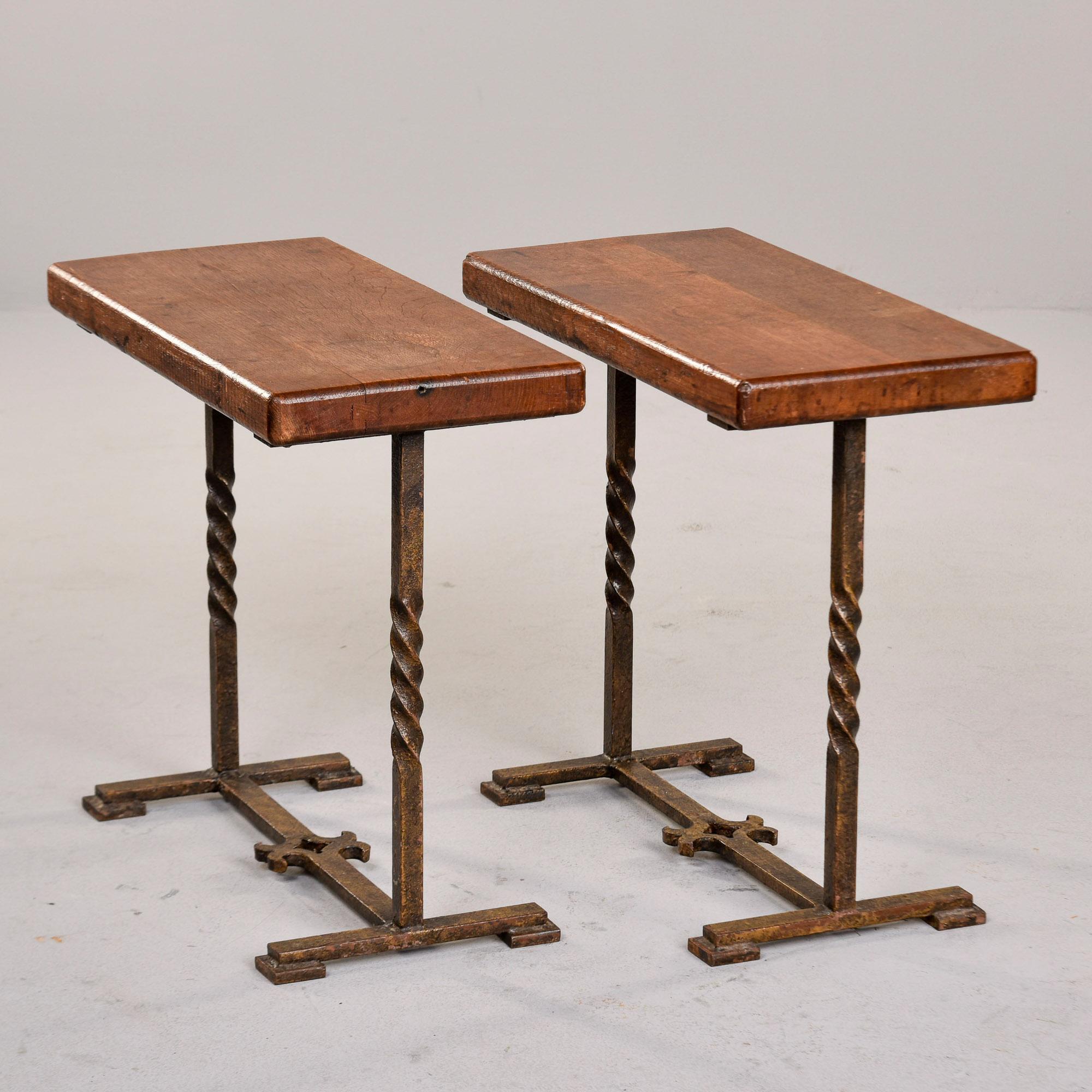 Pair Rectangular Oak Side Tables on Forged Iron Bases For Sale 1