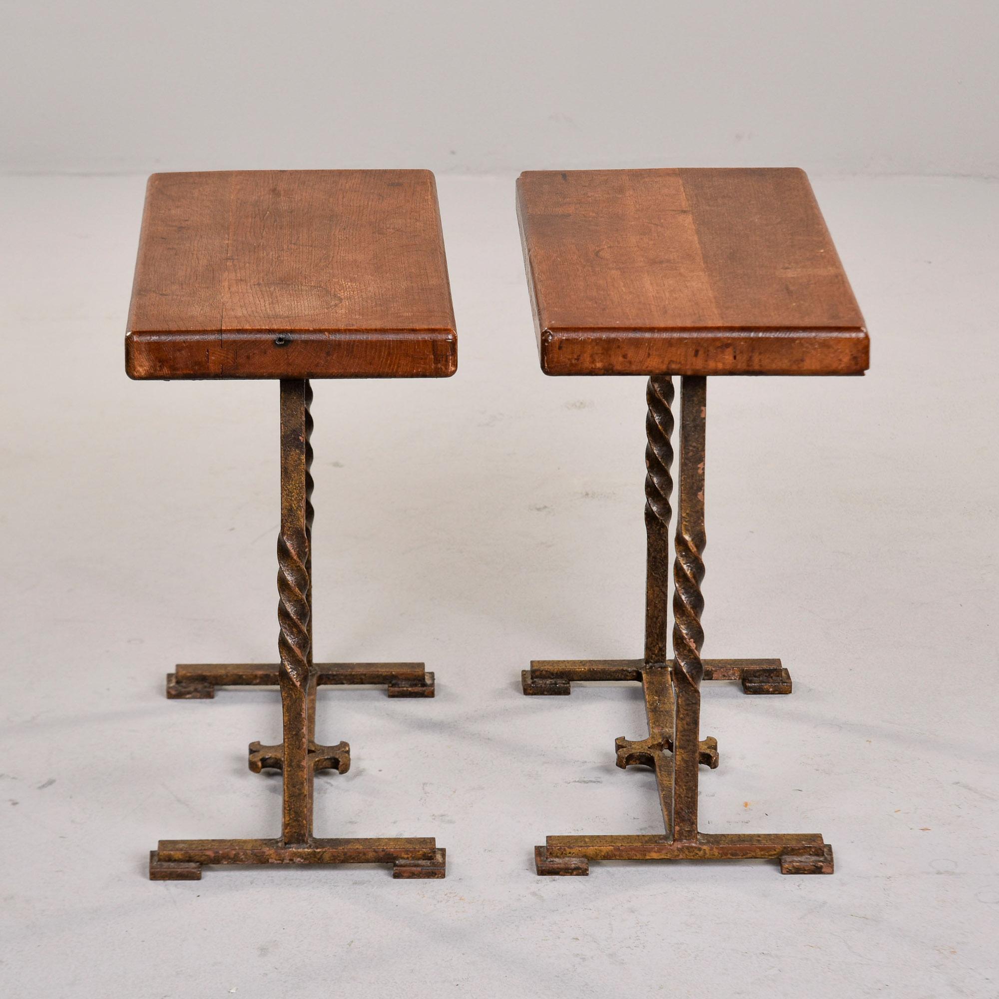 Pair Rectangular Oak Side Tables on Forged Iron Bases For Sale 2