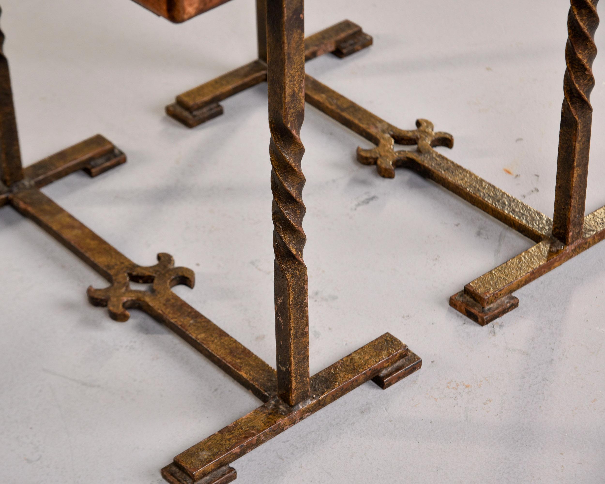 Pair Rectangular Oak Side Tables on Forged Iron Bases For Sale 3