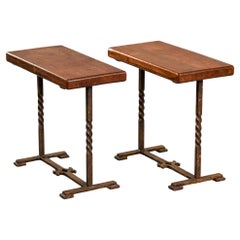 Pair Rectangular Oak Side Tables on Forged Iron Bases