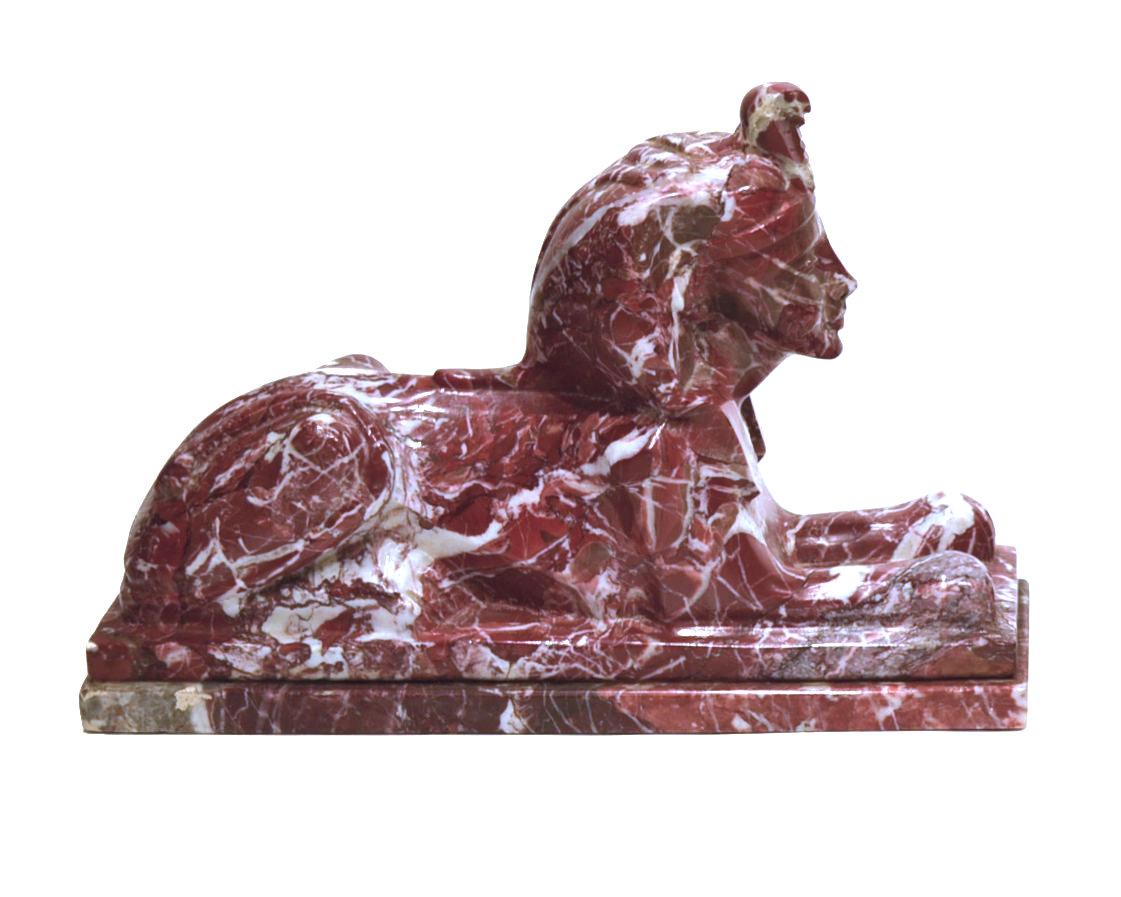 Egyptian Revival Pair of Red and White Marble Sphinx For Sale