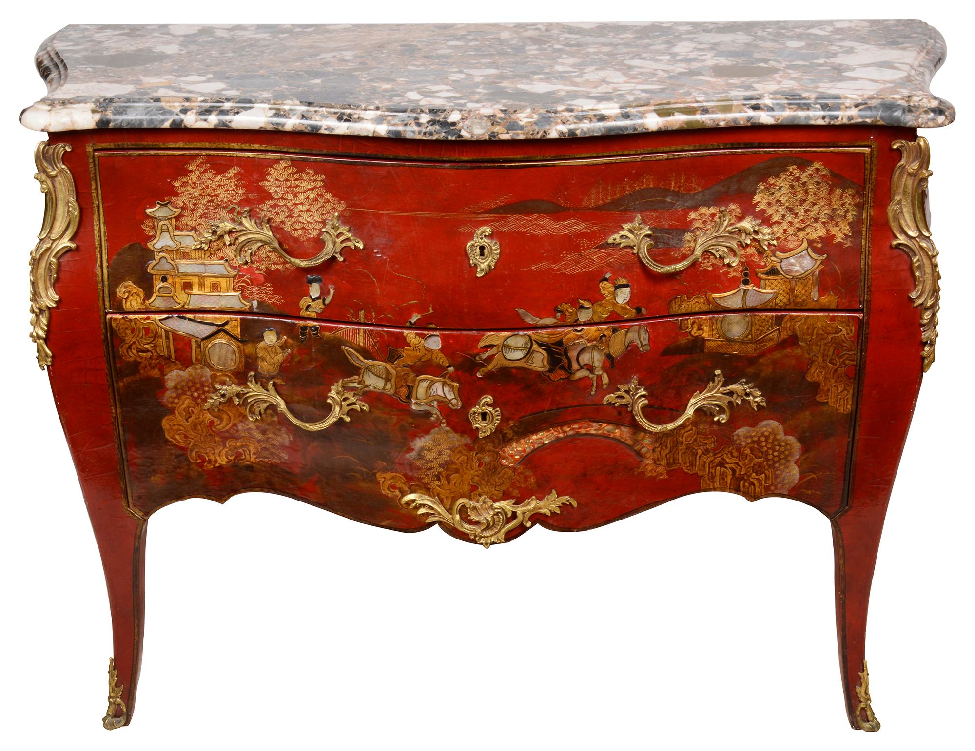 Pair Red Chinoiserie Lacquer Marble Top Commodes 5
