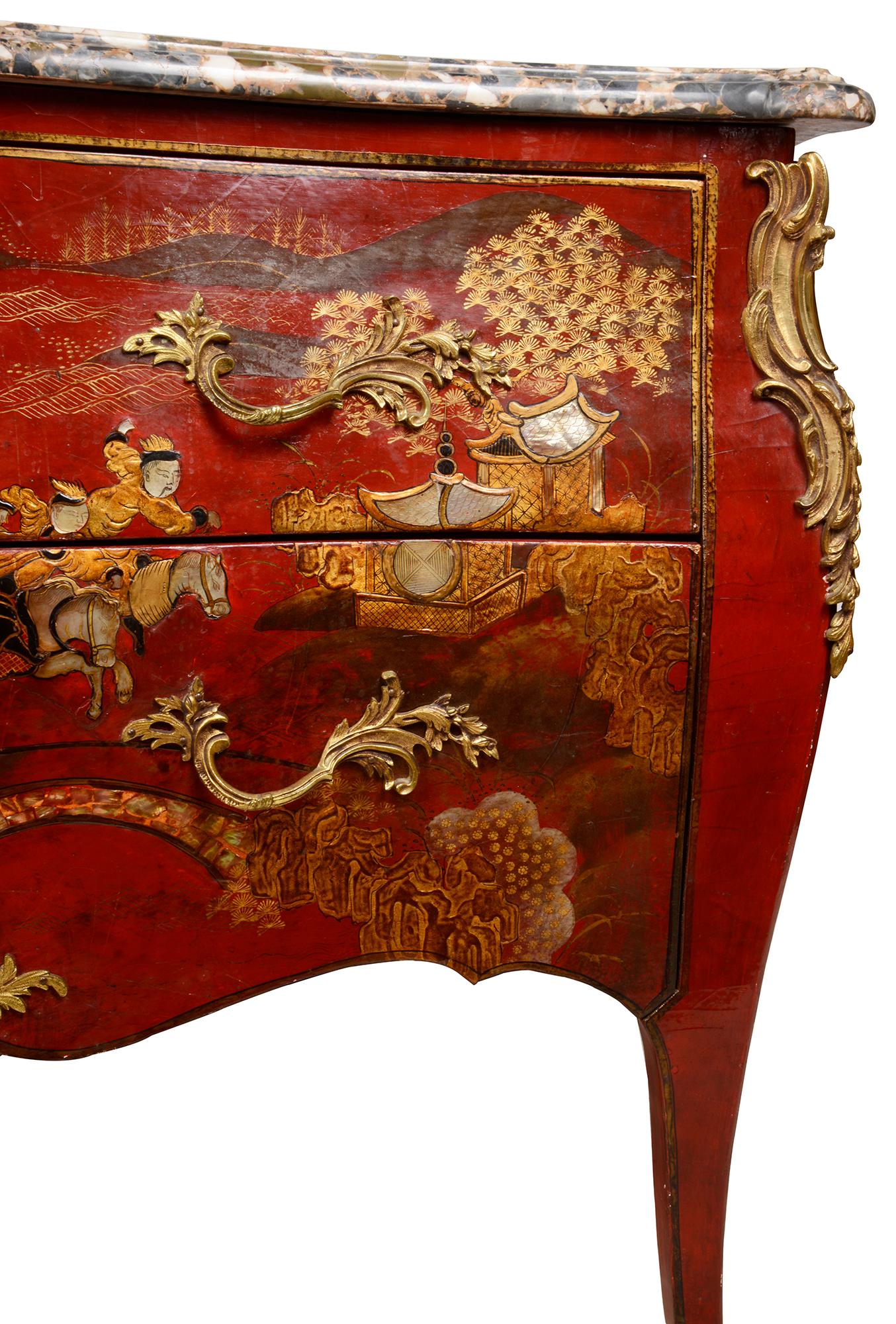 Pair Red Chinoiserie Lacquer Marble Top Commodes 6