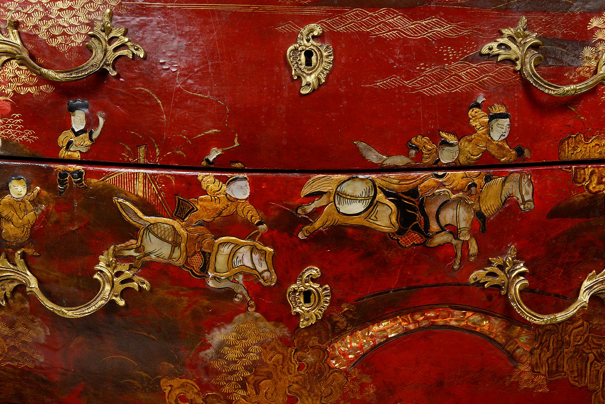 Pair Red Chinoiserie Lacquer Marble Top Commodes 7