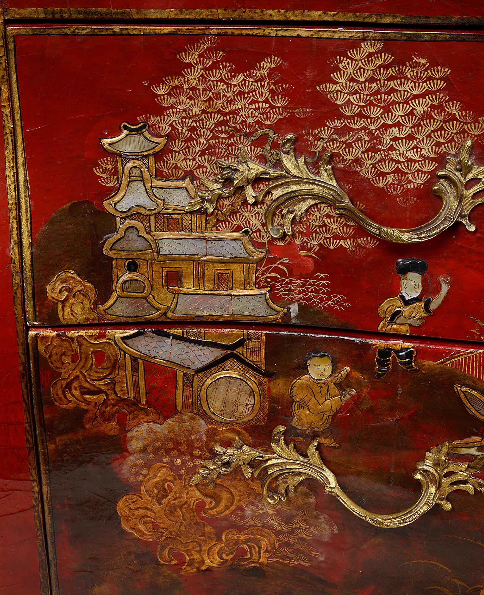 Pair Red Chinoiserie Lacquer Marble Top Commodes 8