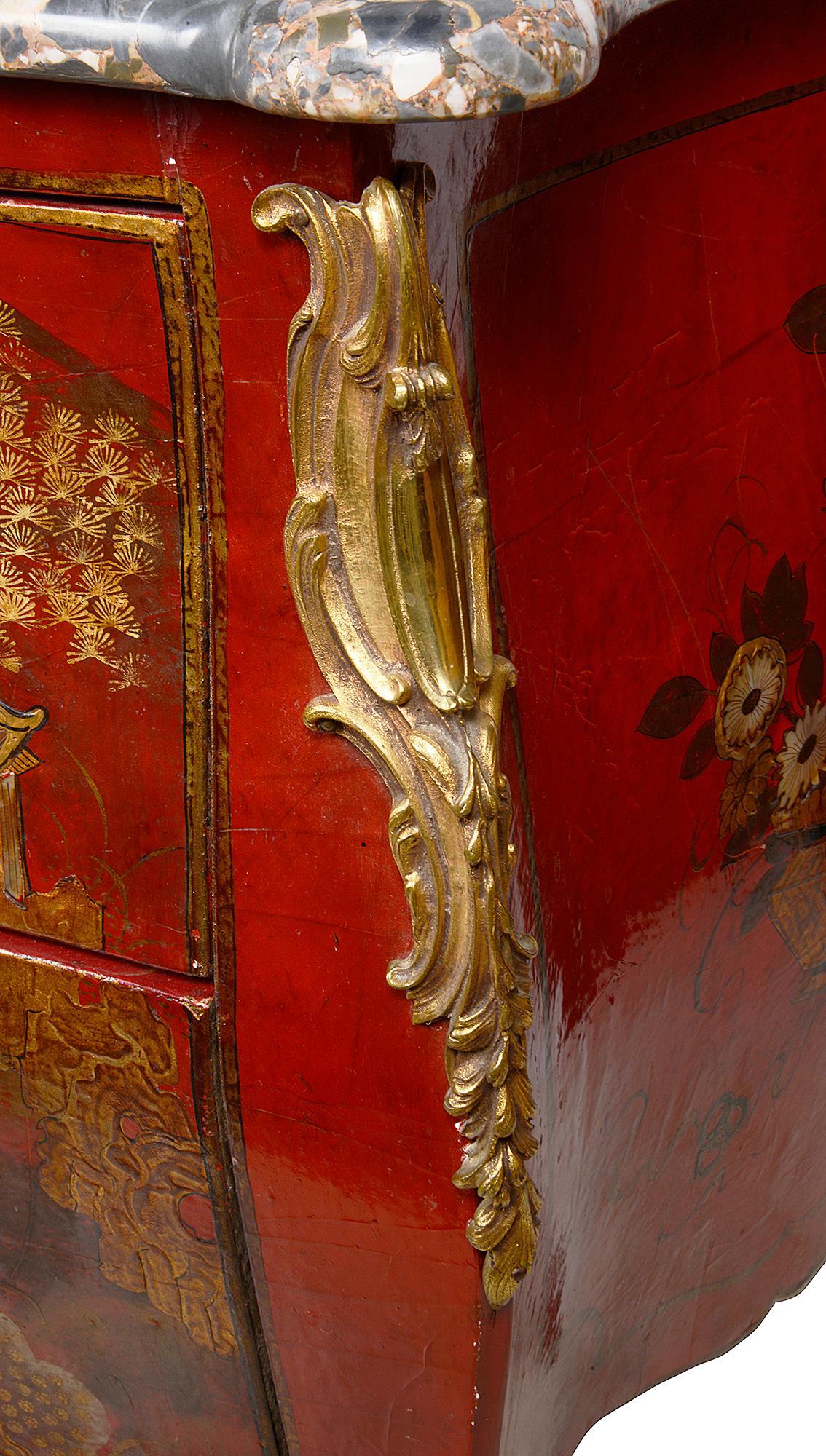 Pair Red Chinoiserie Lacquer Marble Top Commodes 9