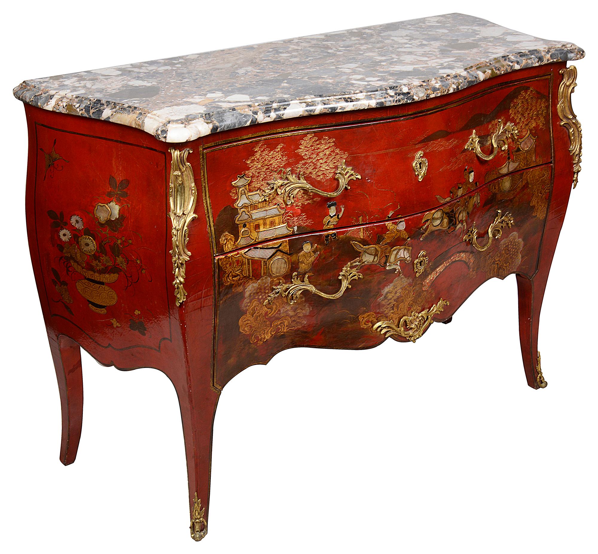 Pair Red Chinoiserie Lacquer Marble Top Commodes 10