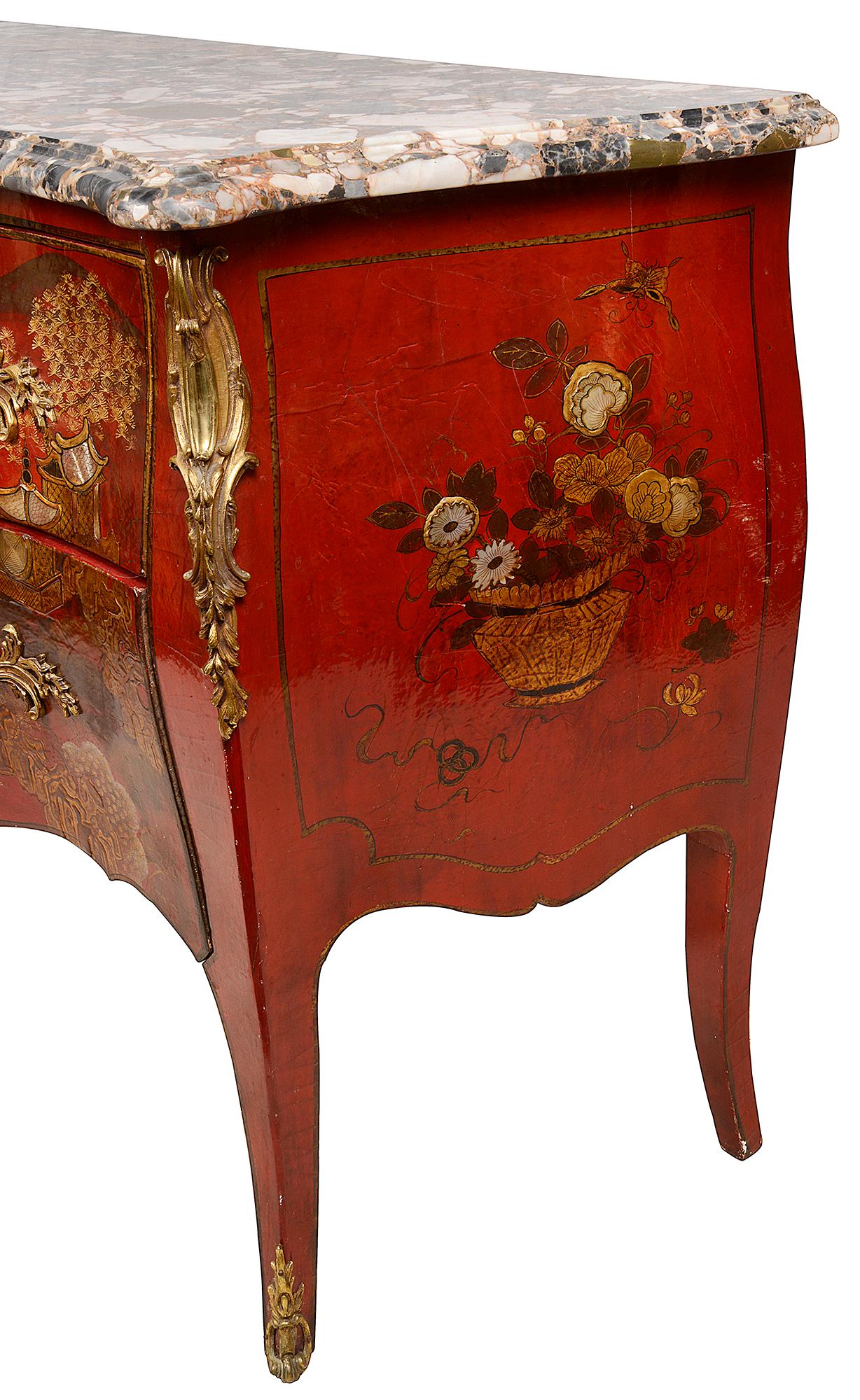 Pair Red Chinoiserie Lacquer Marble Top Commodes 11