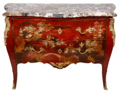 Pair Red Chinoiserie Lacquer Marble Top Commodes
