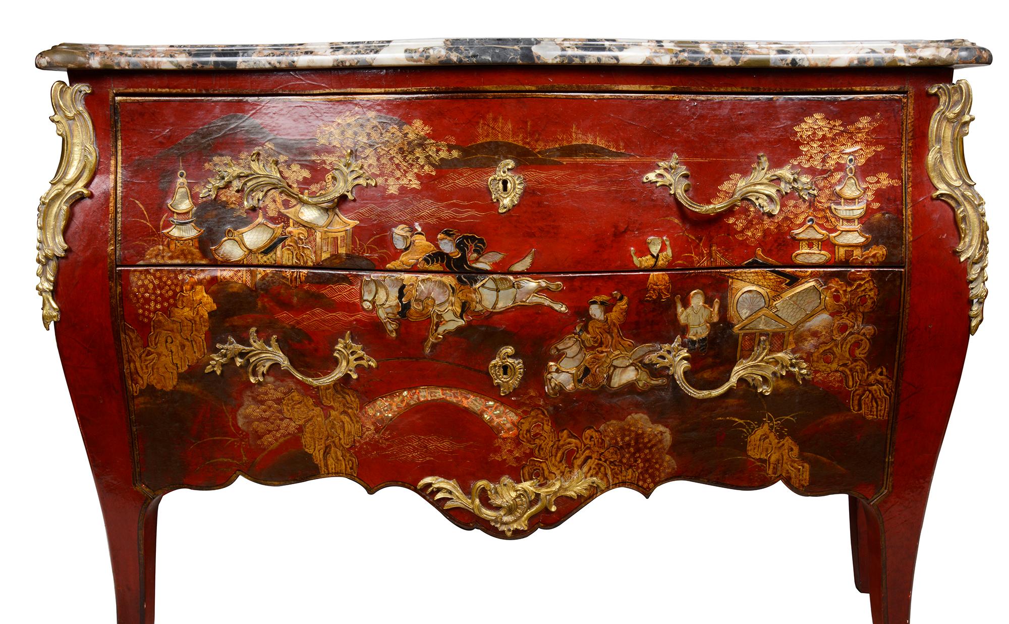English Pair Red Chinoiserie Lacquer Marble Top Commodes