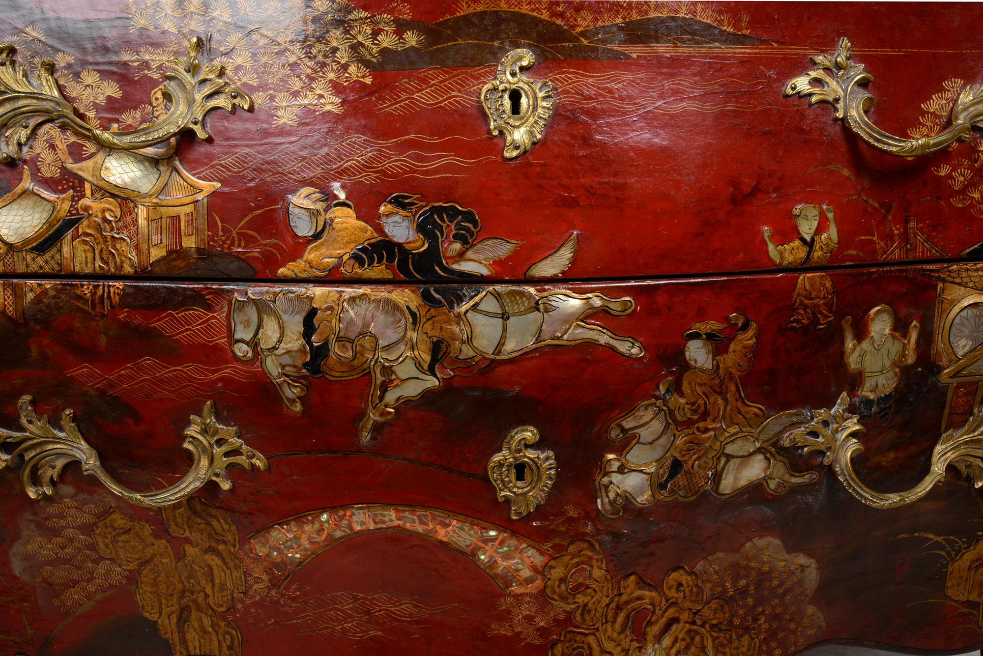 Hand-Painted Pair Red Chinoiserie Lacquer Marble Top Commodes