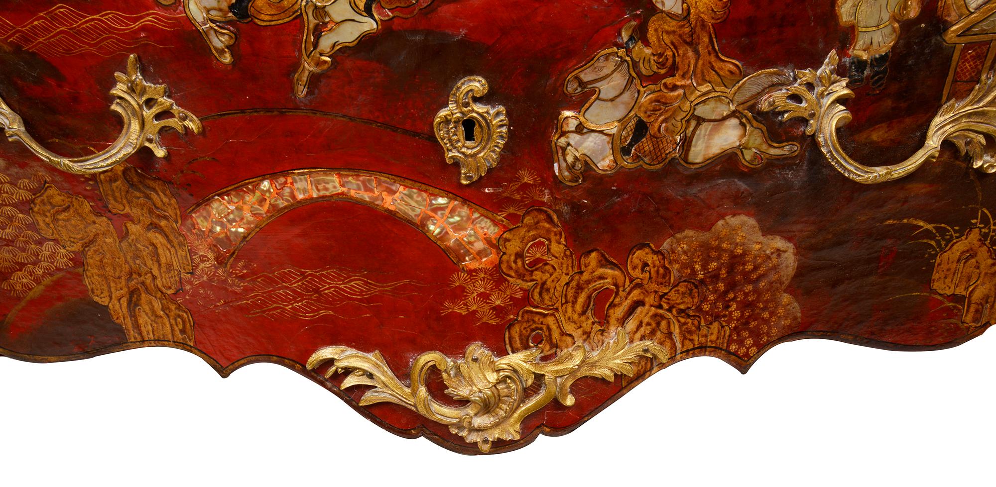 Pair Red Chinoiserie Lacquer Marble Top Commodes In Good Condition In Brighton, Sussex