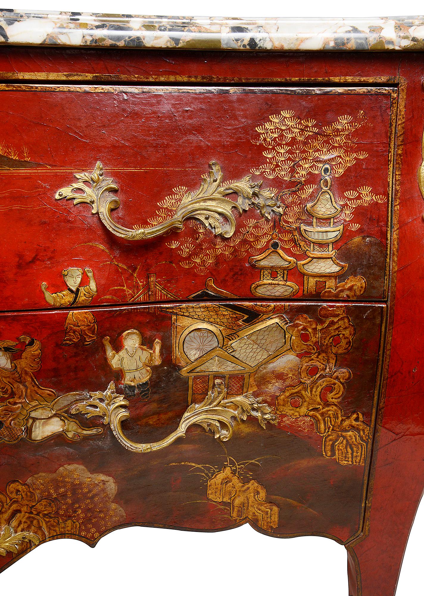 20th Century Pair Red Chinoiserie Lacquer Marble Top Commodes