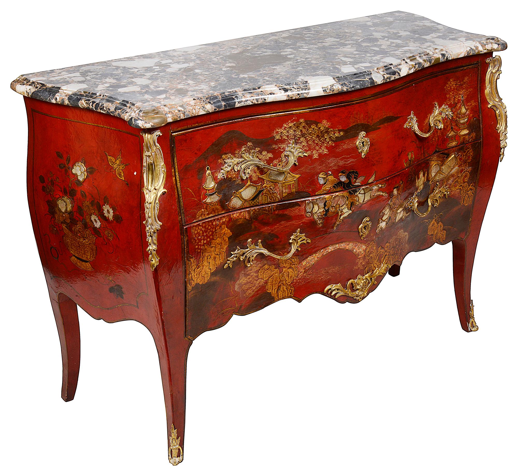 Pair Red Chinoiserie Lacquer Marble Top Commodes 1