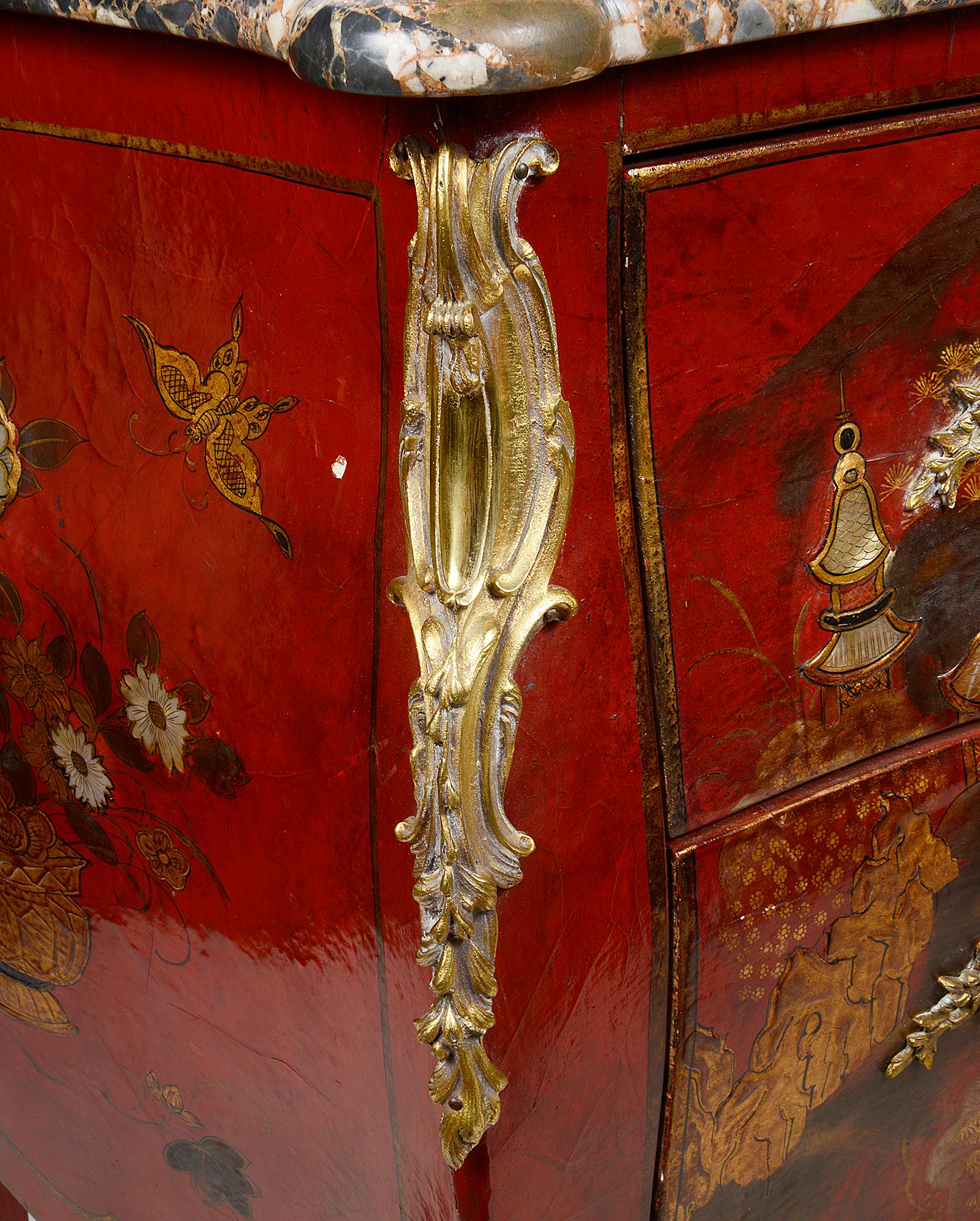 Pair Red Chinoiserie Lacquer Marble Top Commodes 2