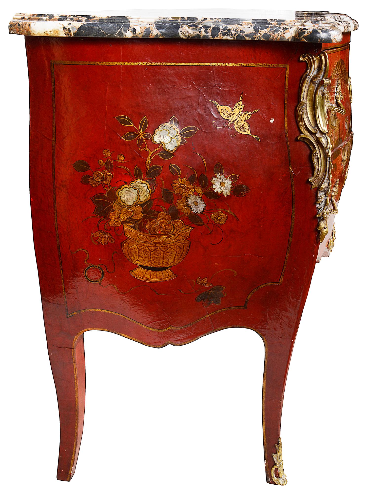 Pair Red Chinoiserie Lacquer Marble Top Commodes 3