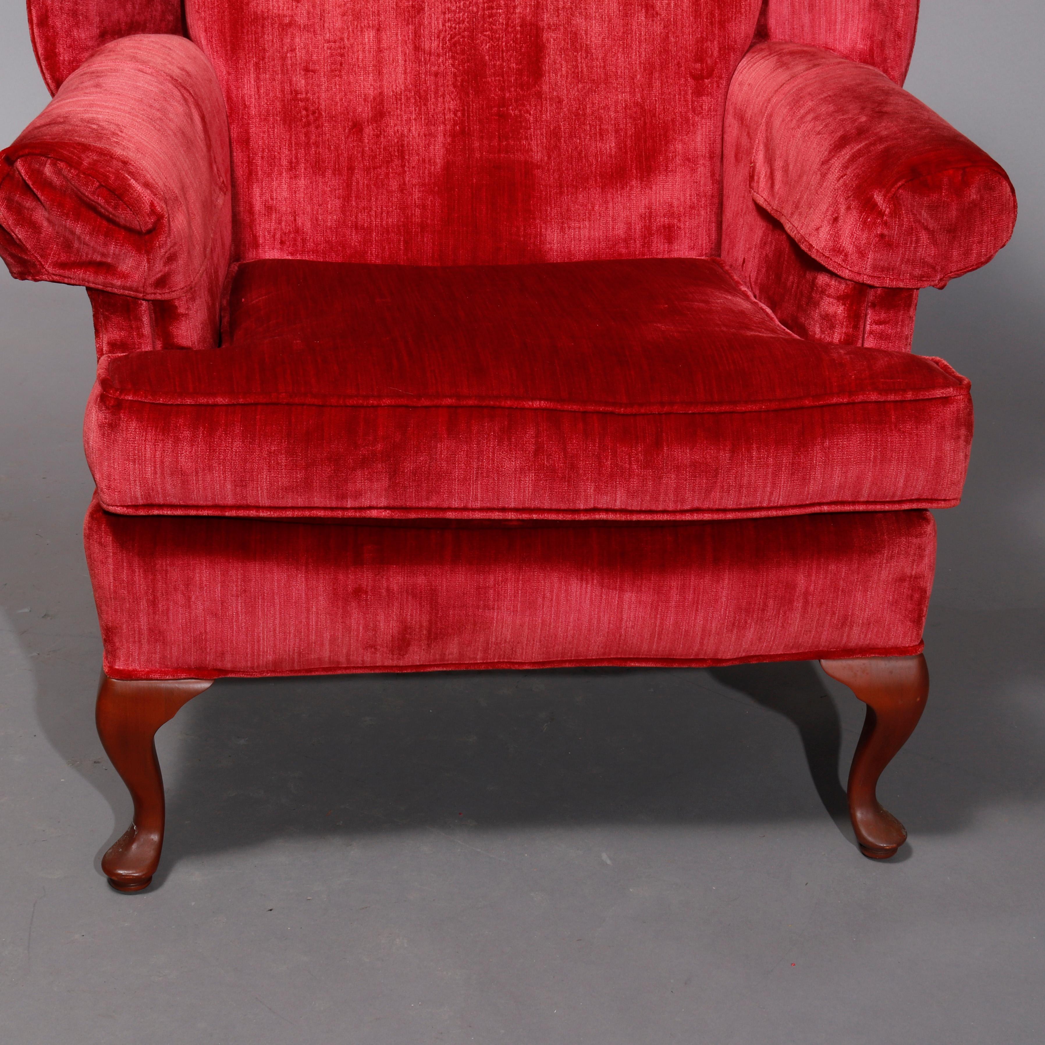 American Pair Red Crushed Velvet & Mahogany Queen Anne Style Fireside Chairs, 20thC
