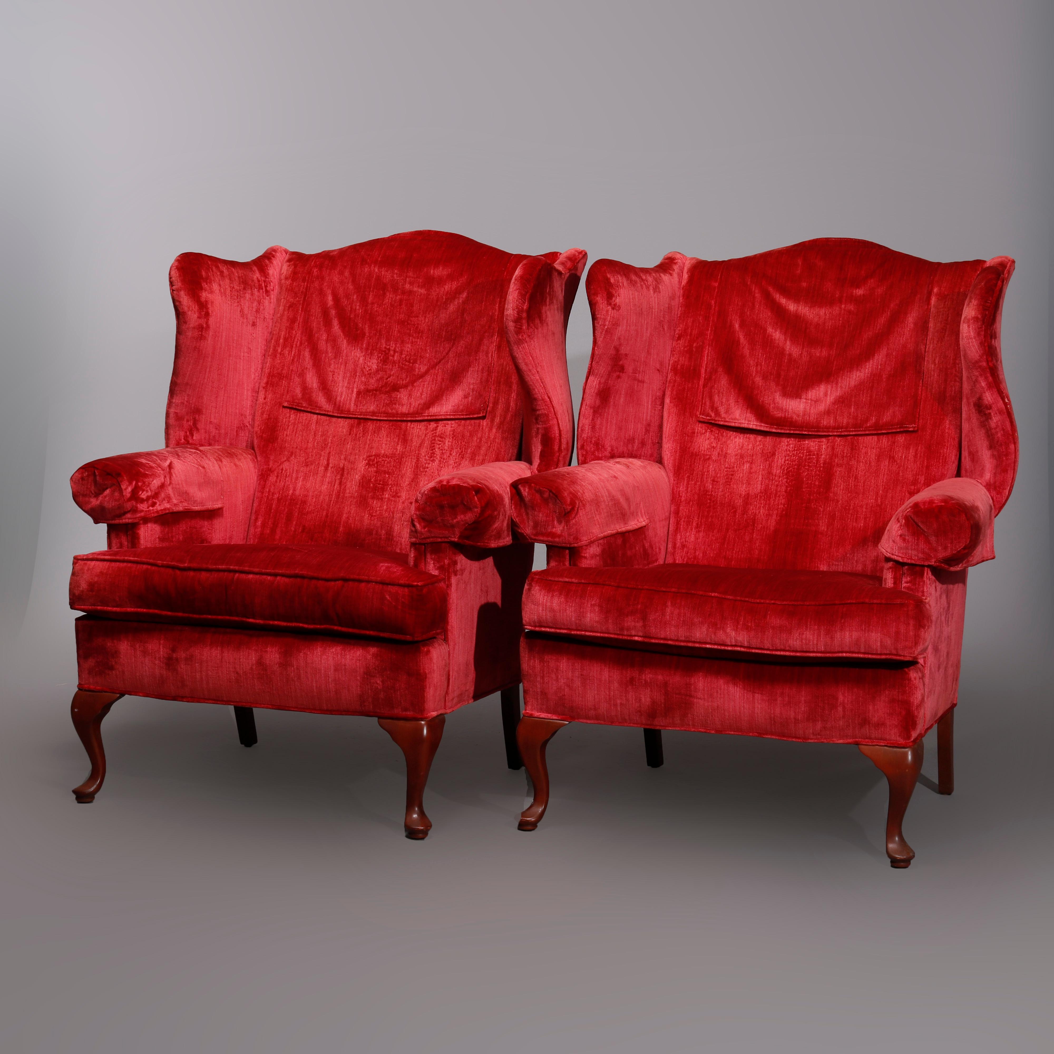 Pair Red Crushed Velvet & Mahogany Queen Anne Style Fireside Chairs, 20thC In Good Condition In Big Flats, NY