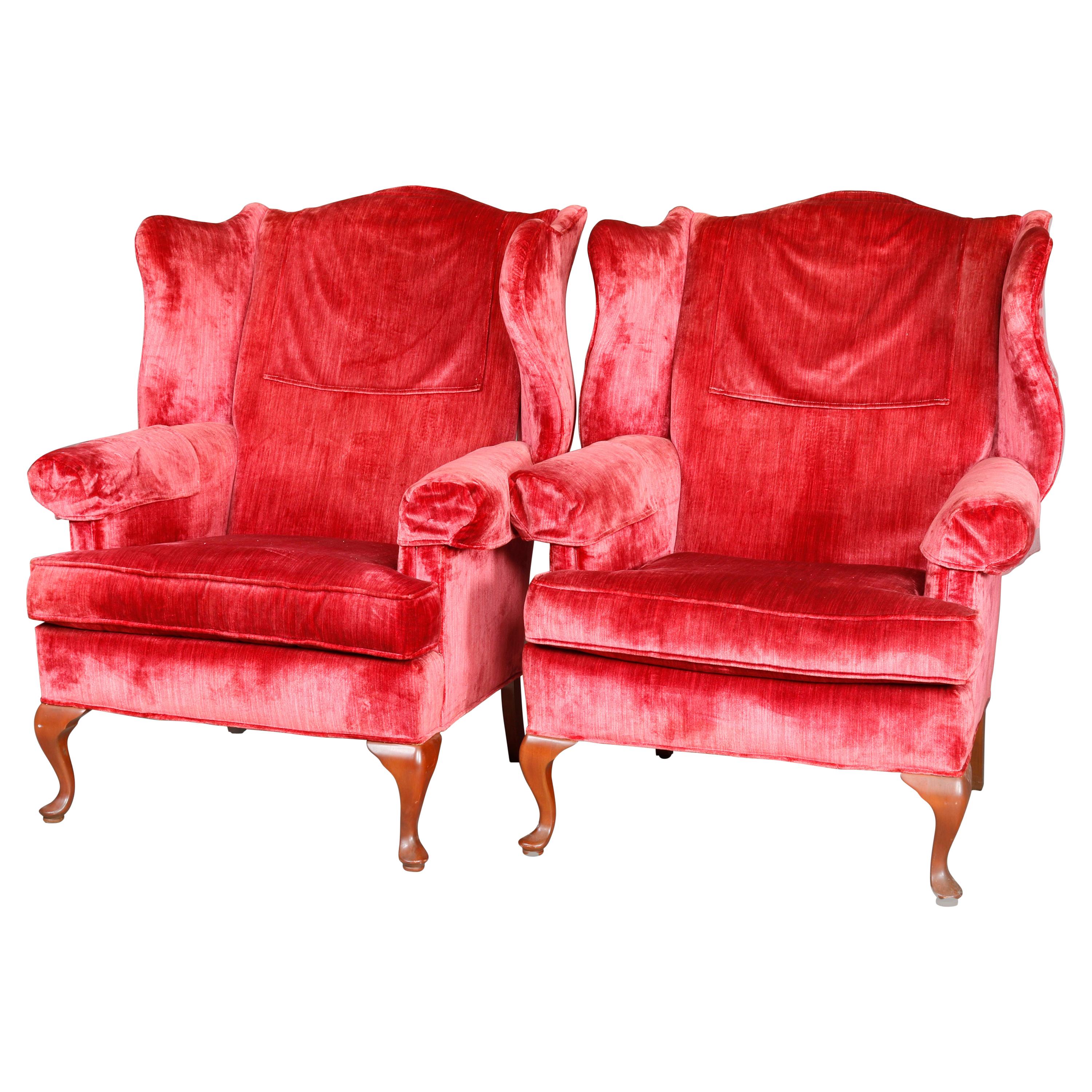 Pair Red Crushed Velvet & Mahogany Queen Anne Style Fireside Chairs, 20thC