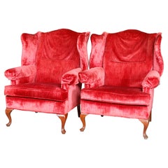 Pair Red Crushed Velvet & Mahogany Queen Anne Style Fireside Chairs, 20thC