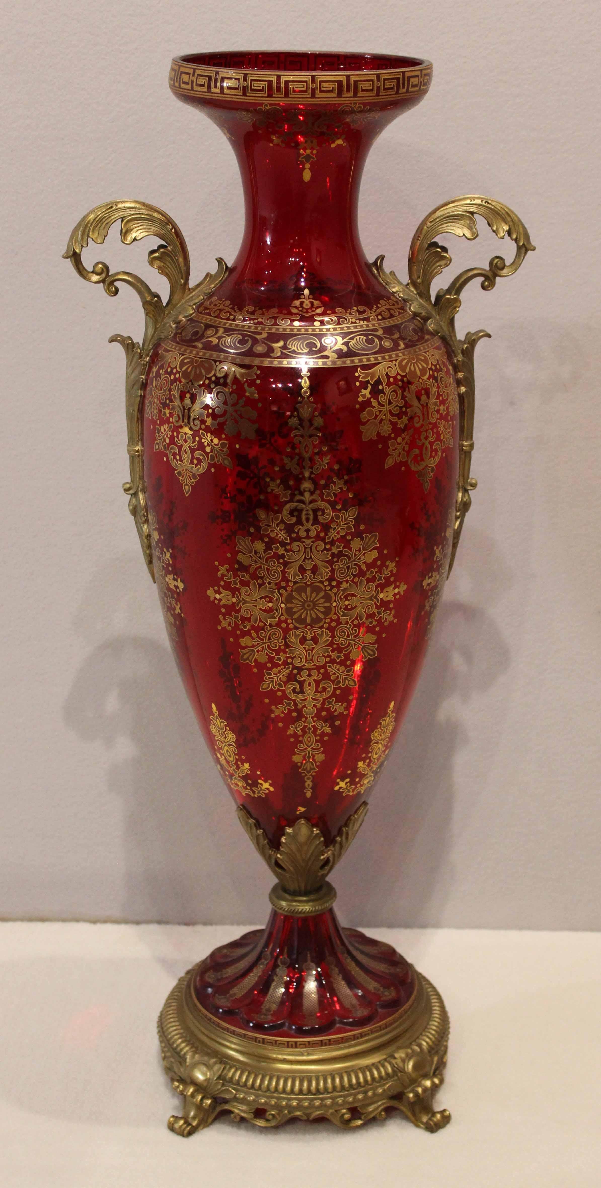 Etched Pair Red Crystal and Brass Vase, Red Cut Crystal De Bohemia For Sale