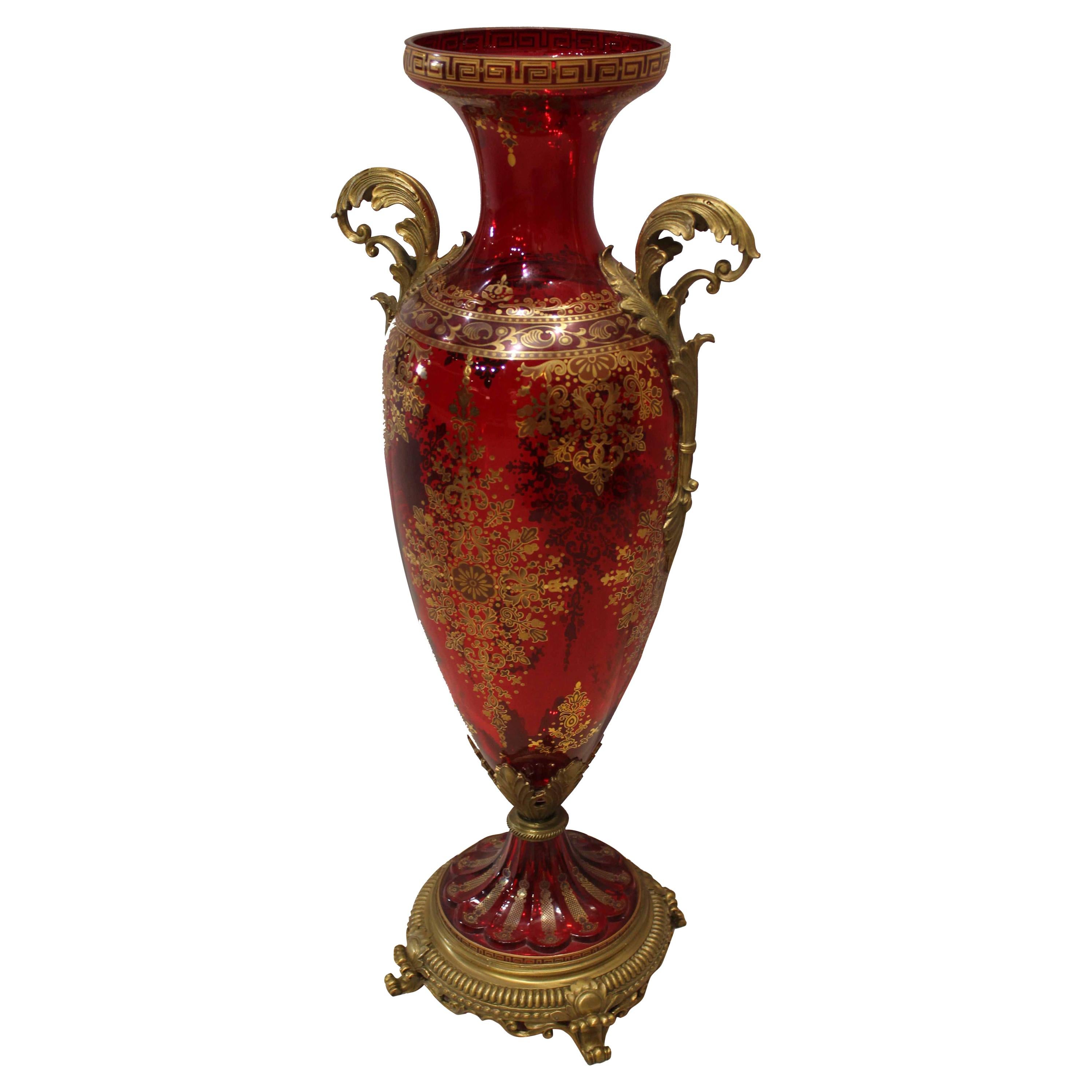 Pair Red Crystal and Brass Vase, Red Cut Crystal De Bohemia For Sale