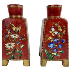 Antique Pair Red Glass Aesthetic Movement Vases with Enamel Decoration Att. to Moser