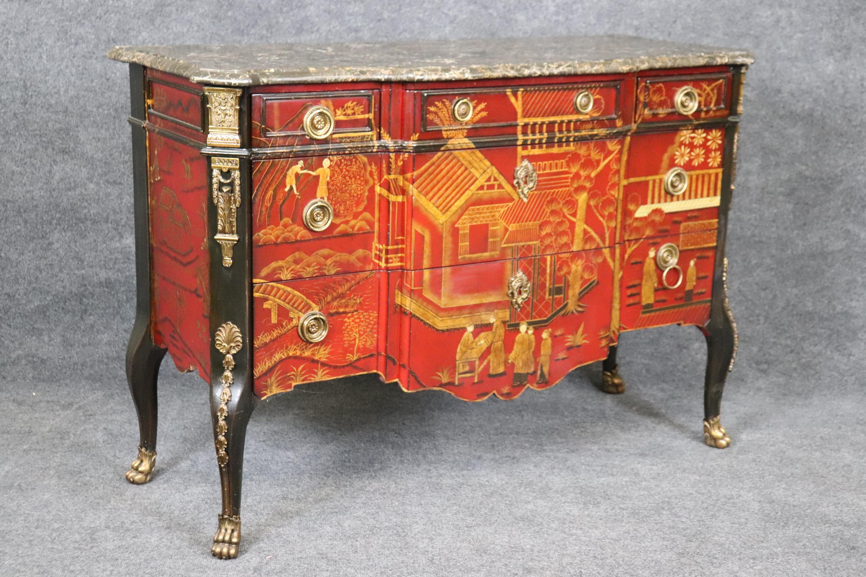 Pair Red Gold Chinoiserie French Louis XV Style Maitland Smith Marble Commodes For Sale 5