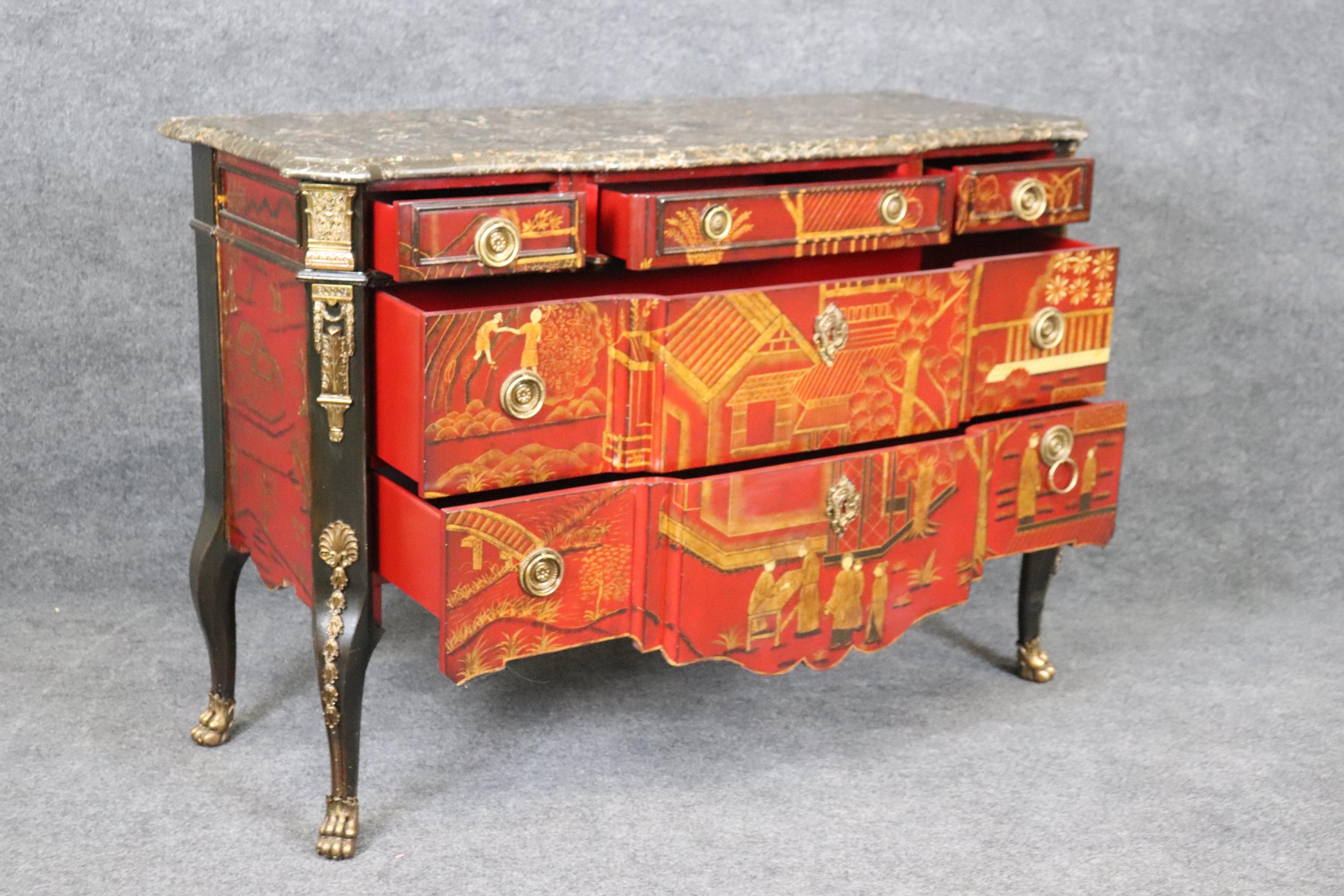 Pair Red Gold Chinoiserie French Louis XV Style Maitland Smith Marble Commodes For Sale 6