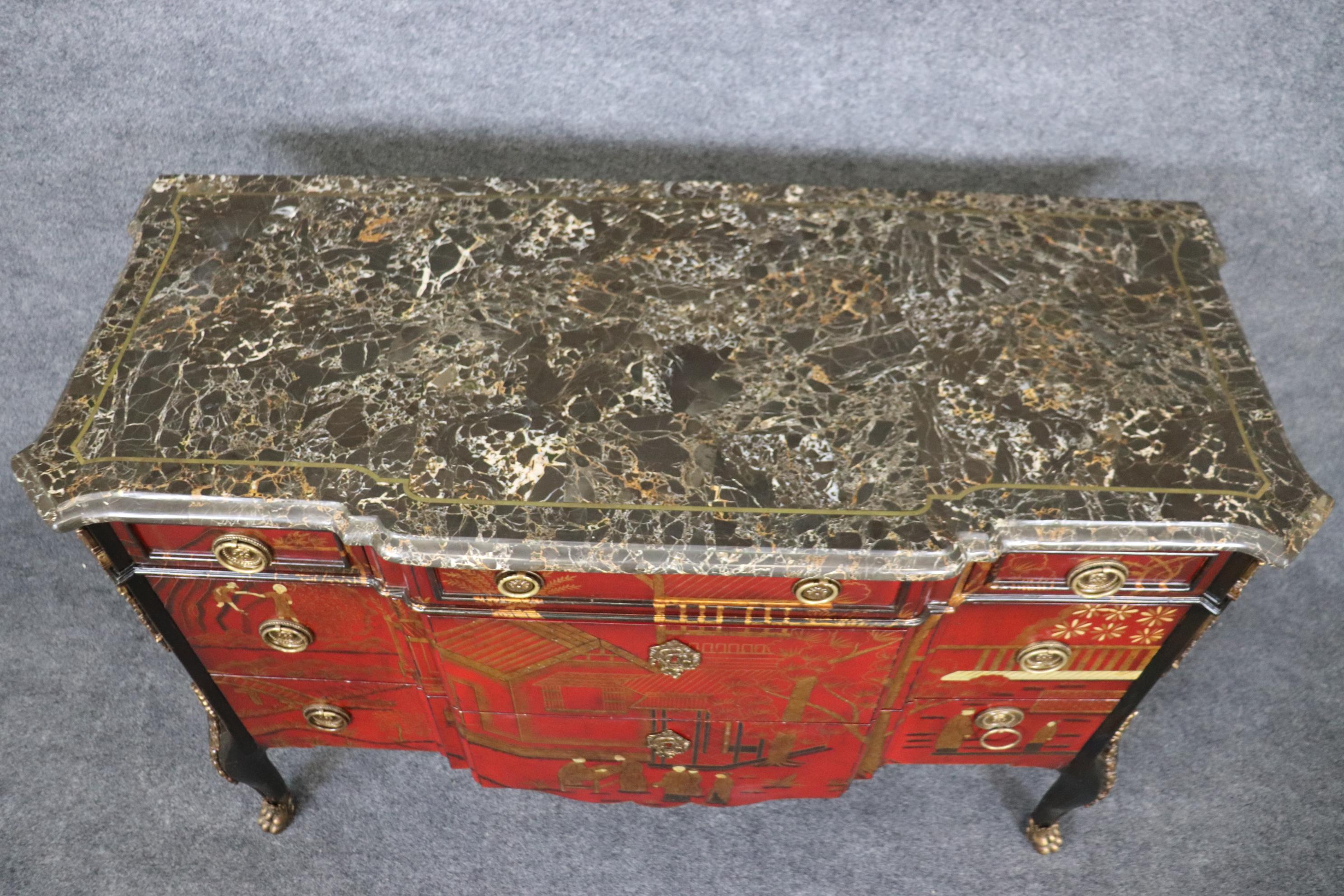 Philippine Pair Red Gold Chinoiserie French Louis XV Style Maitland Smith Marble Commodes For Sale