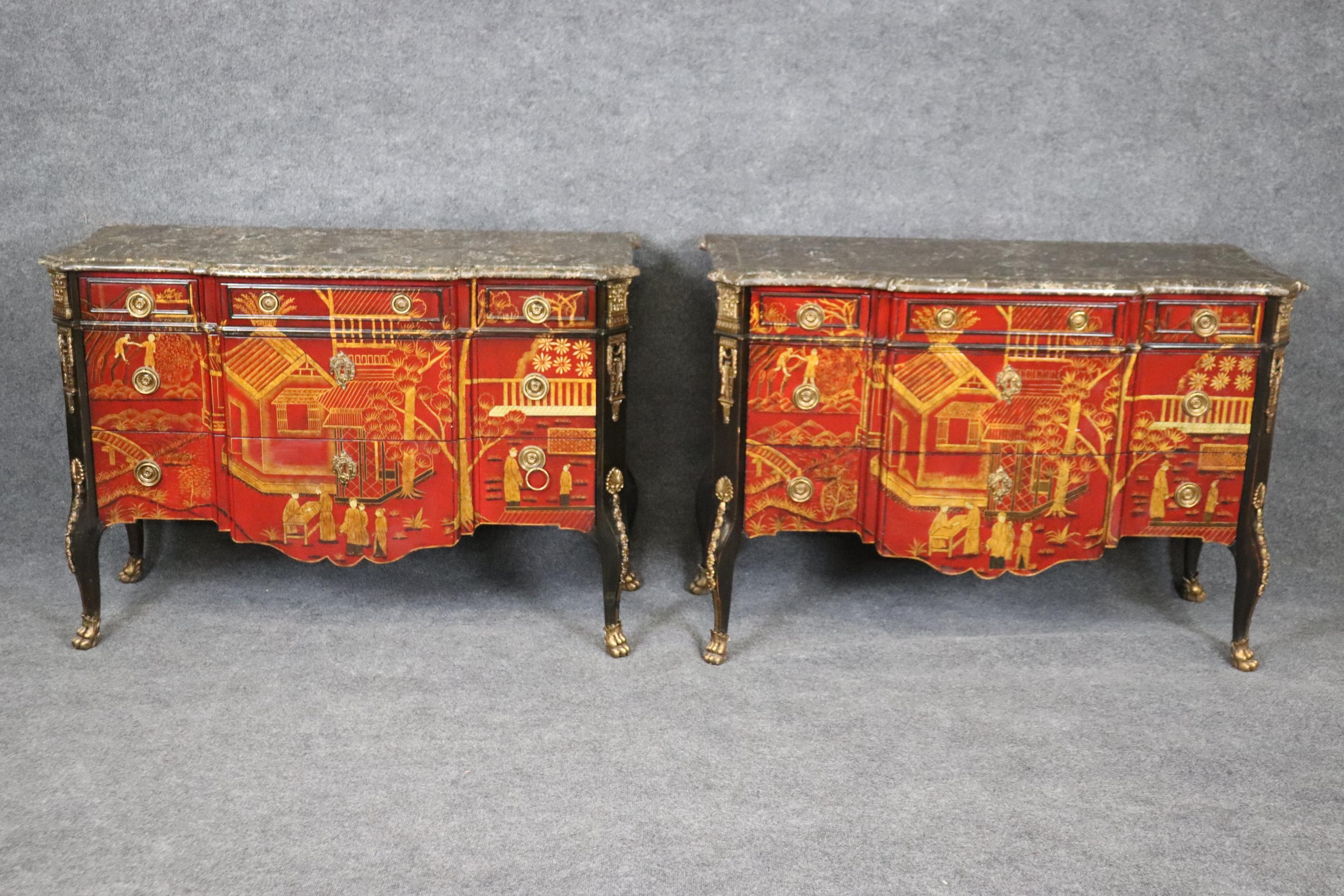 Brass Pair Red Gold Chinoiserie French Louis XV Style Maitland Smith Marble Commodes For Sale