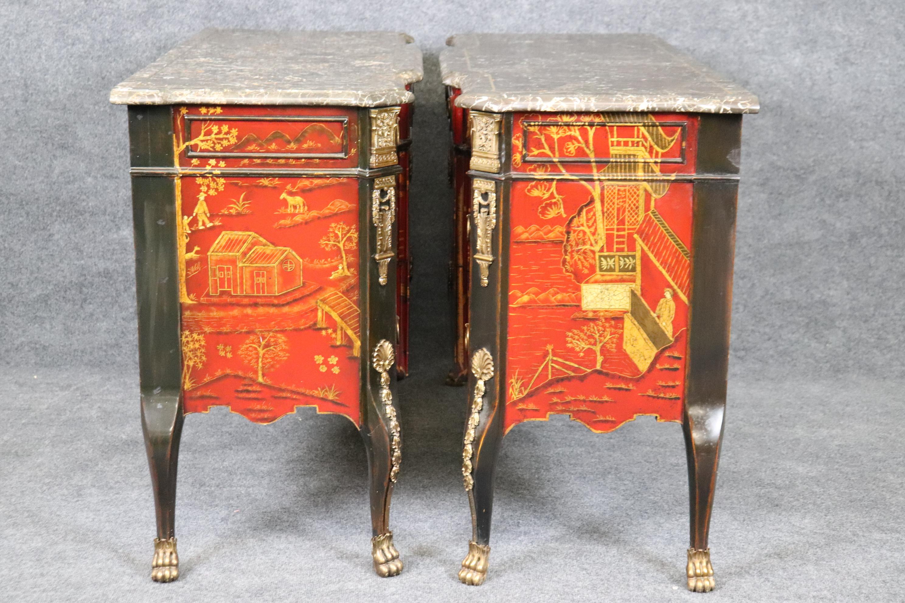 Pair Red Gold Chinoiserie French Louis XV Style Maitland Smith Marble Commodes For Sale 1