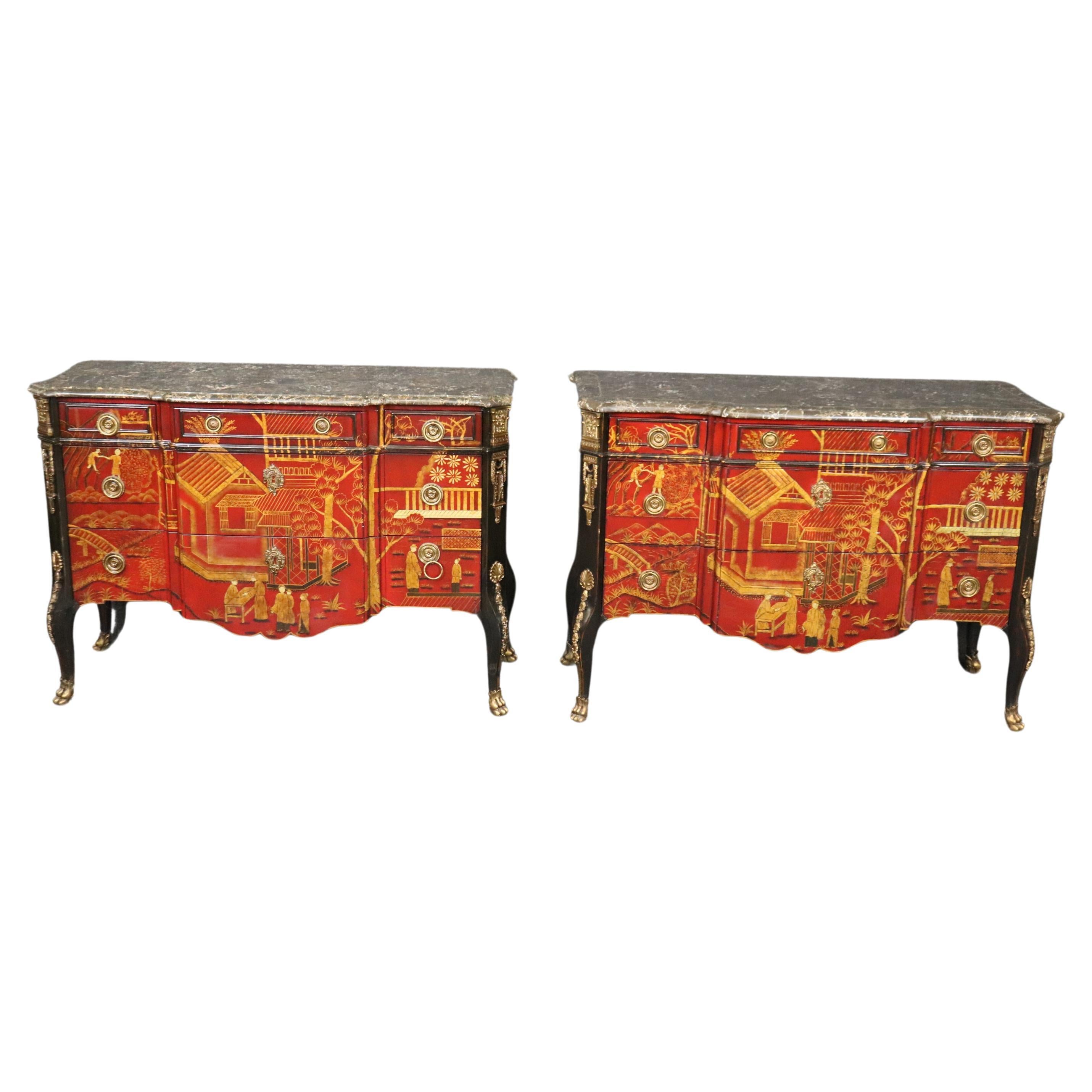 Pair Red Gold Chinoiserie French Louis XV Style Maitland Smith Marble Commodes For Sale