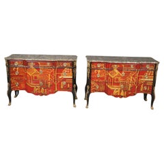 Pair Red Gold Chinoiserie French Louis XV Style Maitland Smith Marble Commodes
