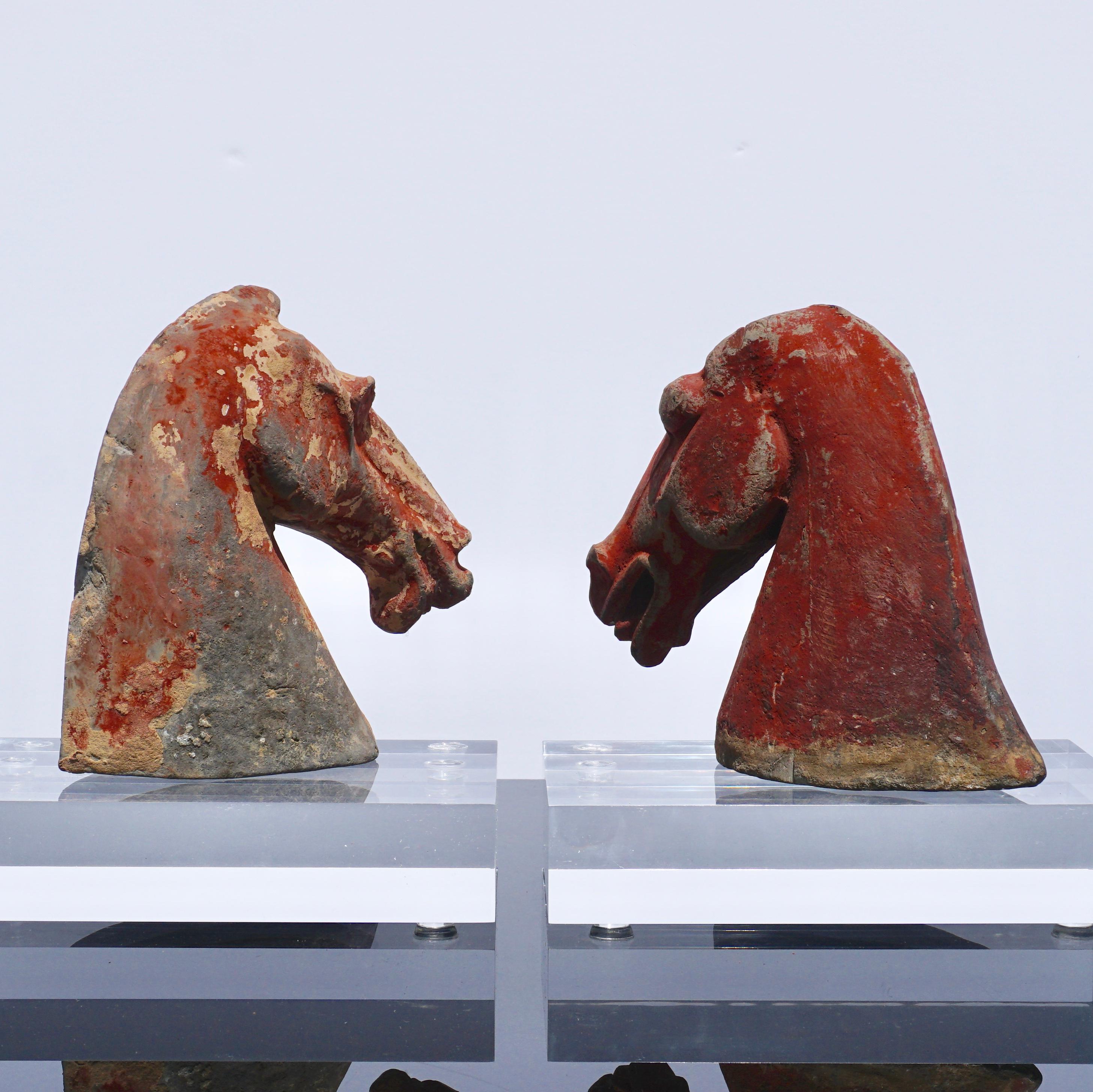 Chinese Pair of Red Han Dynasty Gray Pottery Horse Heads '206BC-220AD'