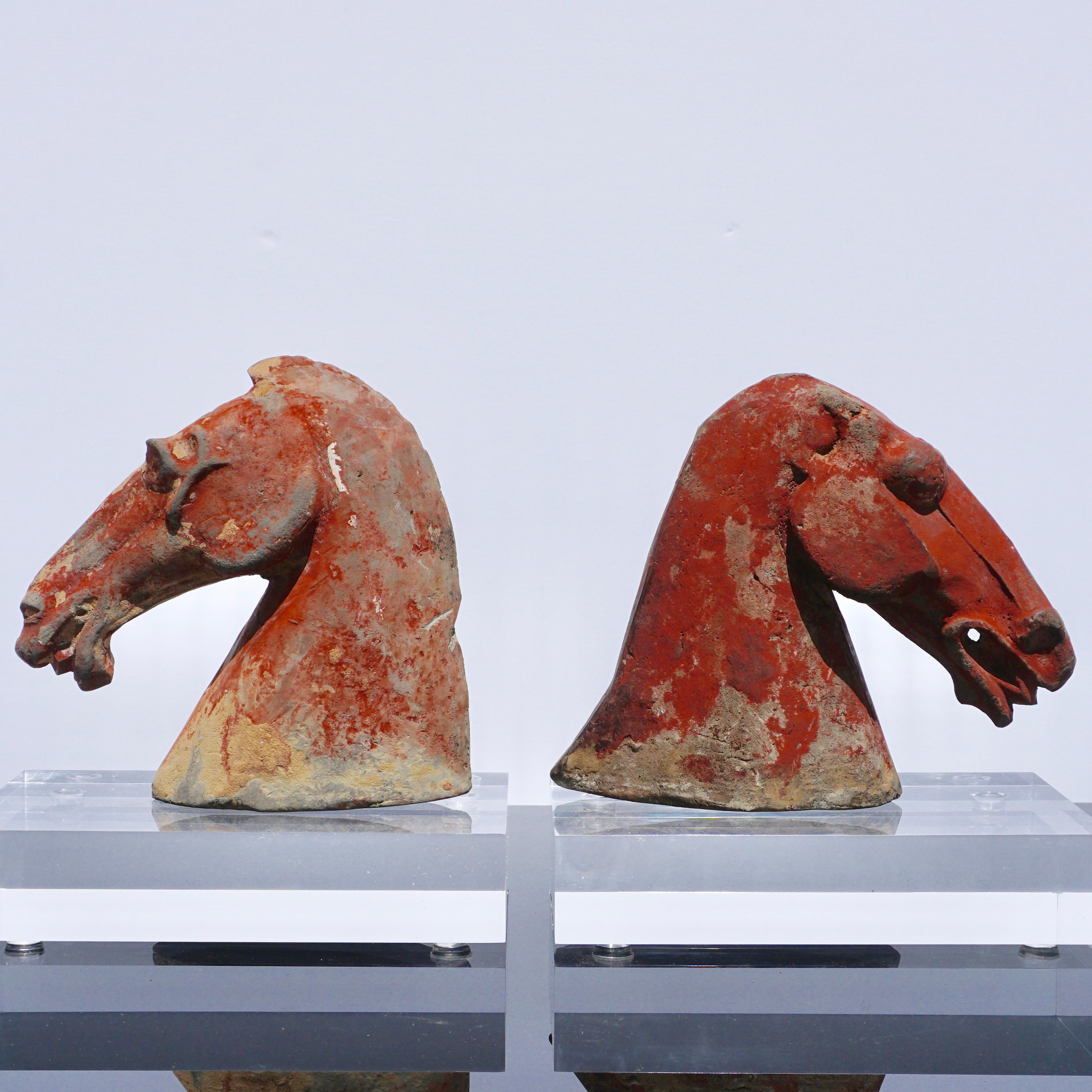 Pair of Red Han Dynasty Gray Pottery Horse Heads '206BC-220AD' In Good Condition In Dallas, TX
