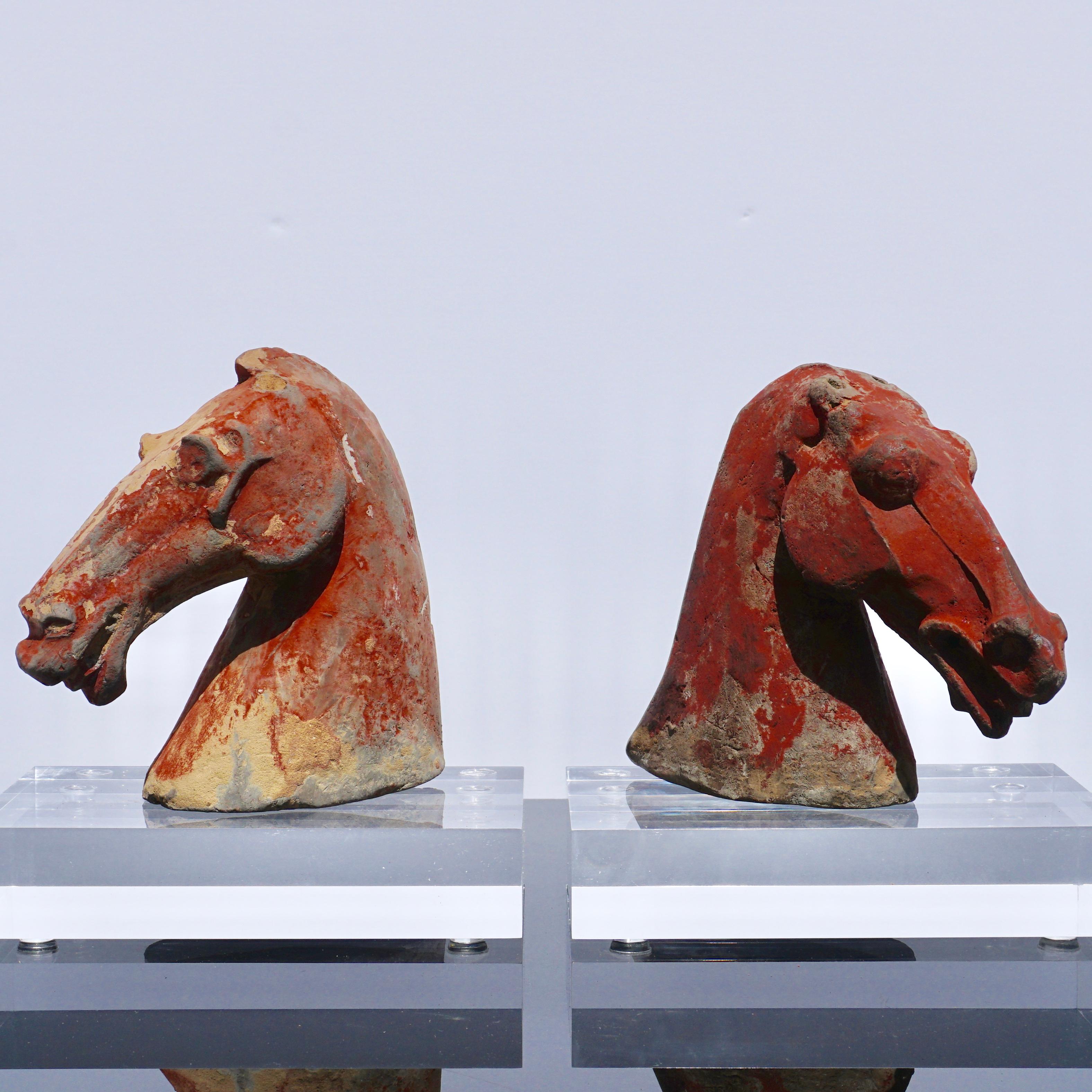 18th Century and Earlier Pair of Red Han Dynasty Gray Pottery Horse Heads '206BC-220AD'