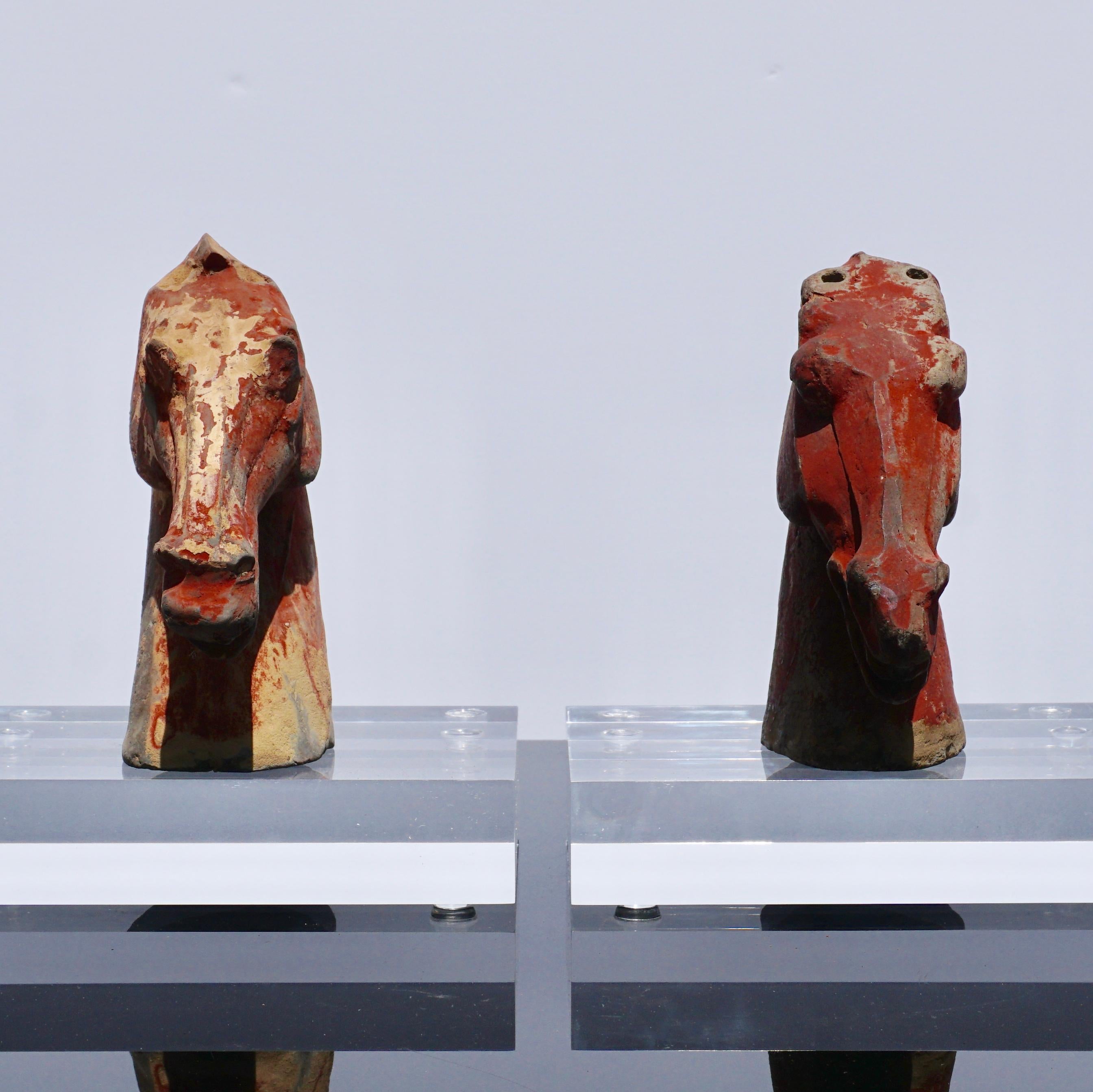 Pair of Red Han Dynasty Gray Pottery Horse Heads '206BC-220AD' 1