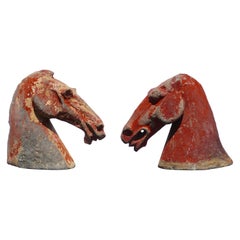 Pair of Red Han Dynasty Gray Pottery Horse Heads '206BC-220AD'