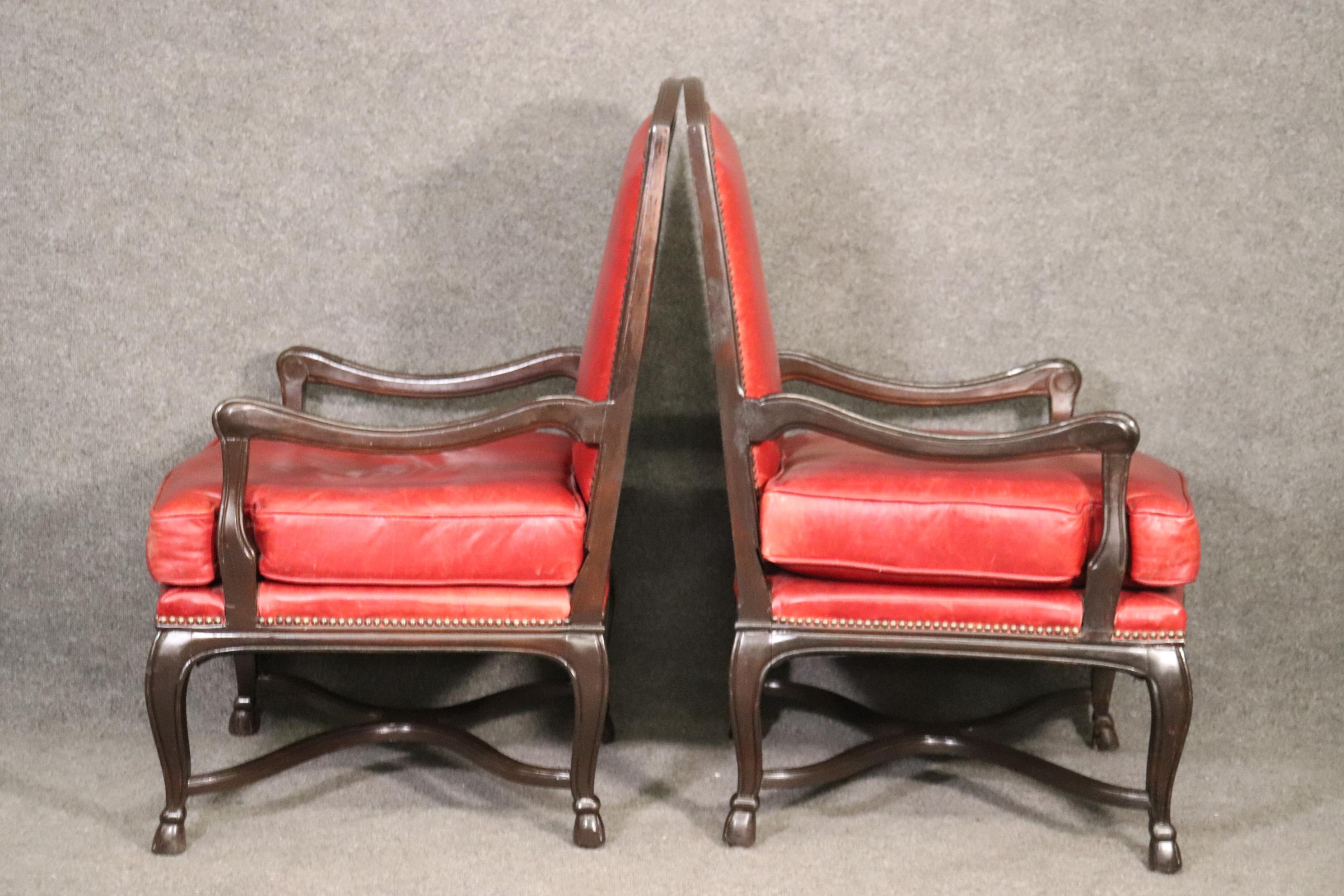 Regency Revival Pair Red Leather Mahogany Regency Style Armchairs Club Chairs Circa 1960s