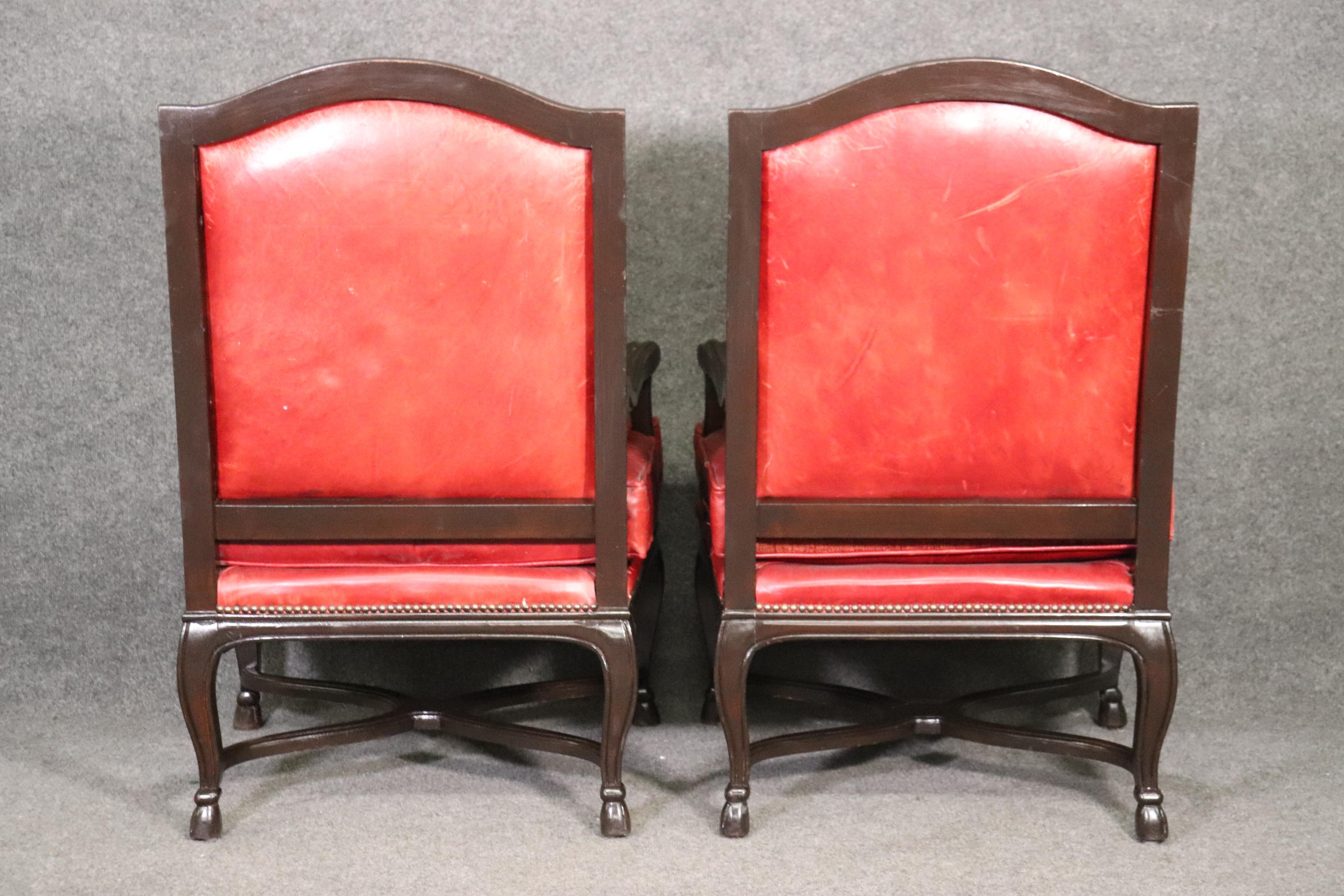 English Pair Red Leather Mahogany Regency Style Armchairs Club Chairs Circa 1960s