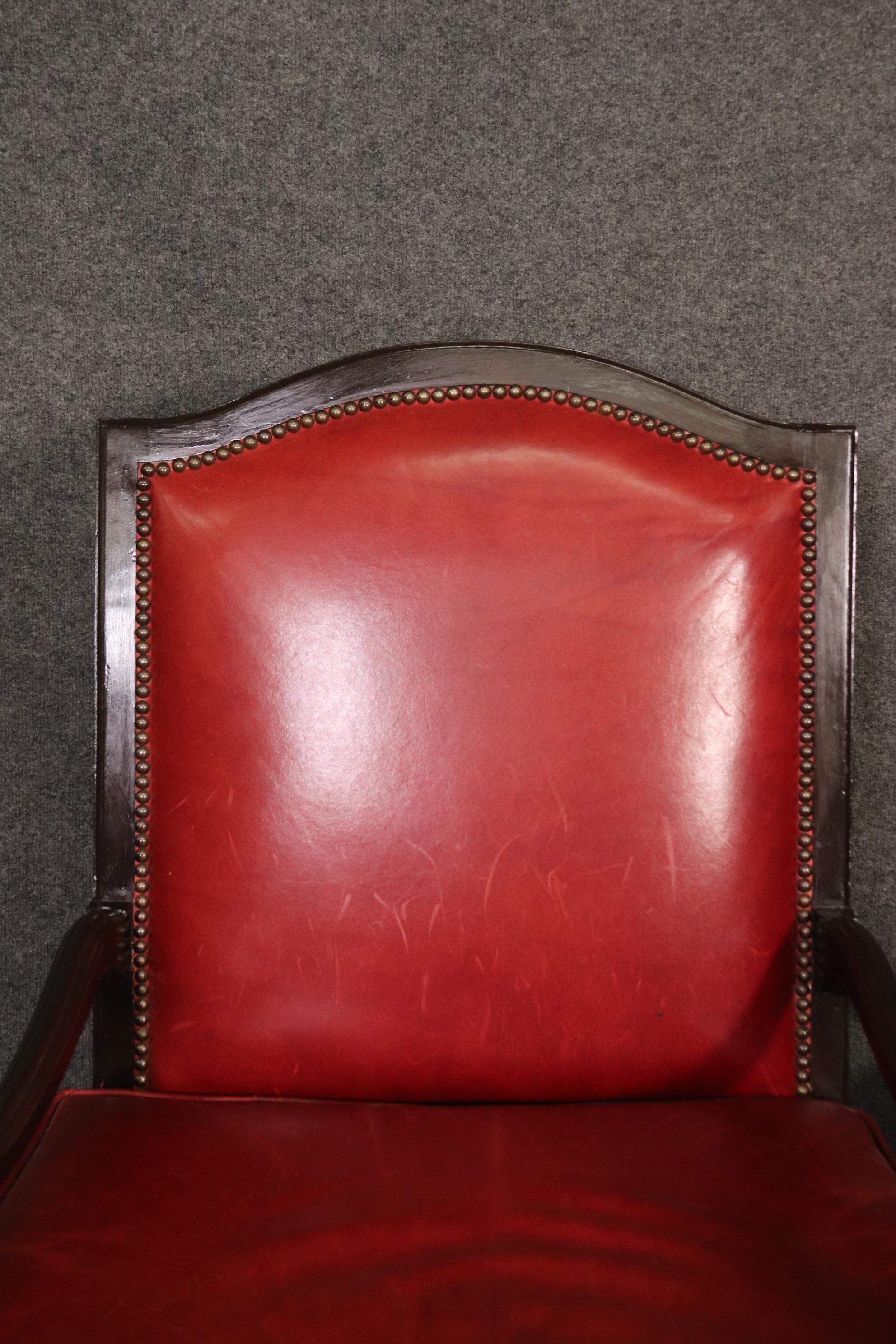 Pair Red Leather Mahogany Regency Style Armchairs Club Chairs Circa 1960s 1