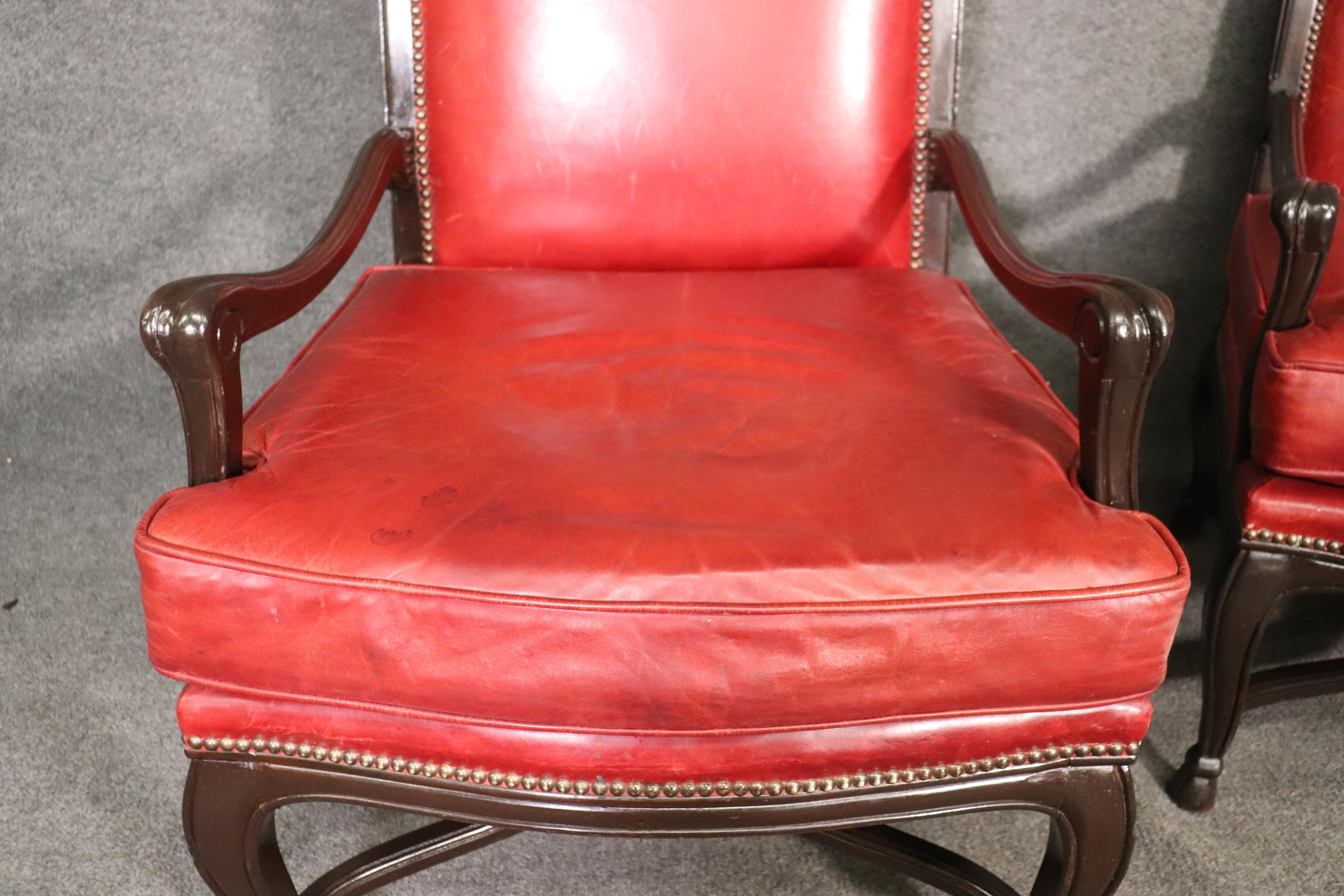 Pair Red Leather Mahogany Regency Style Armchairs Club Chairs Circa 1960s 2