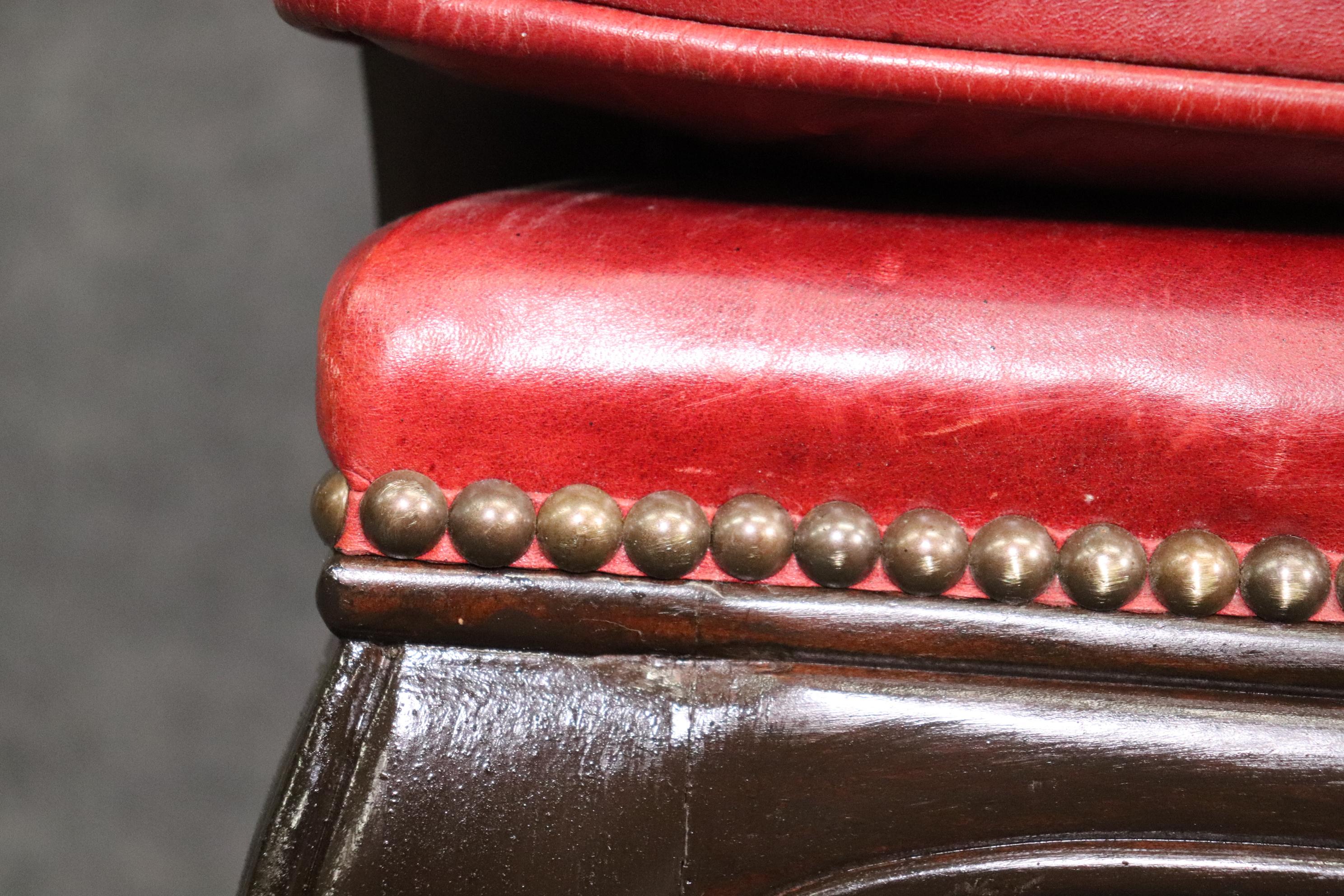 Pair Red Leather Mahogany Regency Style Armchairs Club Chairs Circa 1960s 3