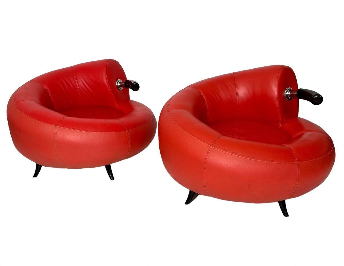 Pair Red leather post modern lounge chairs, with upholstery seat, Italy 1990

